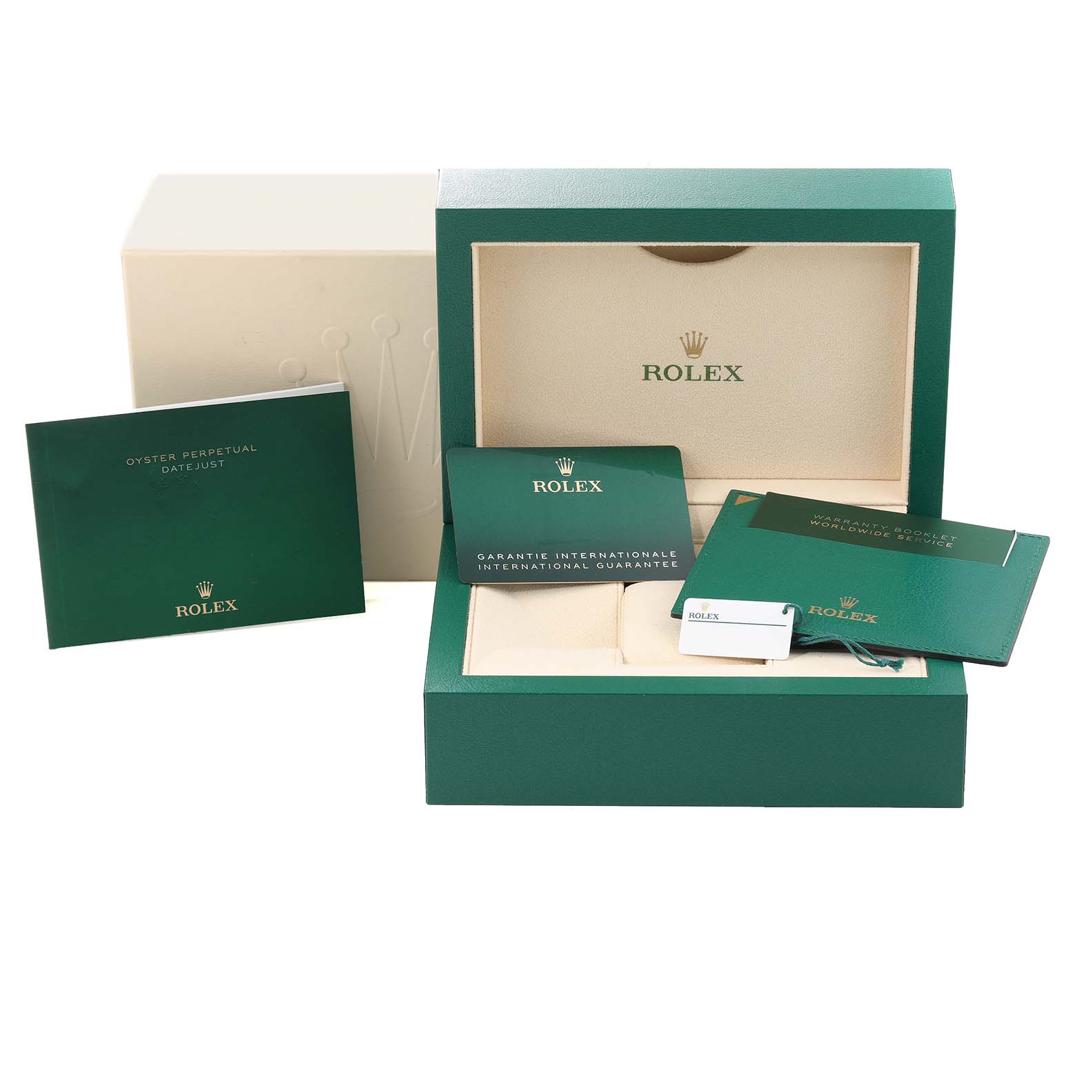 This image shows the packaging of a Rolex Datejust 41 126333 Men's Steel and Gold (two tone) Champagne Dial 126333 Men's Steel and Gold (two tone) Champagne Dial, including the box, manuals, and guarantee card at a front angle.