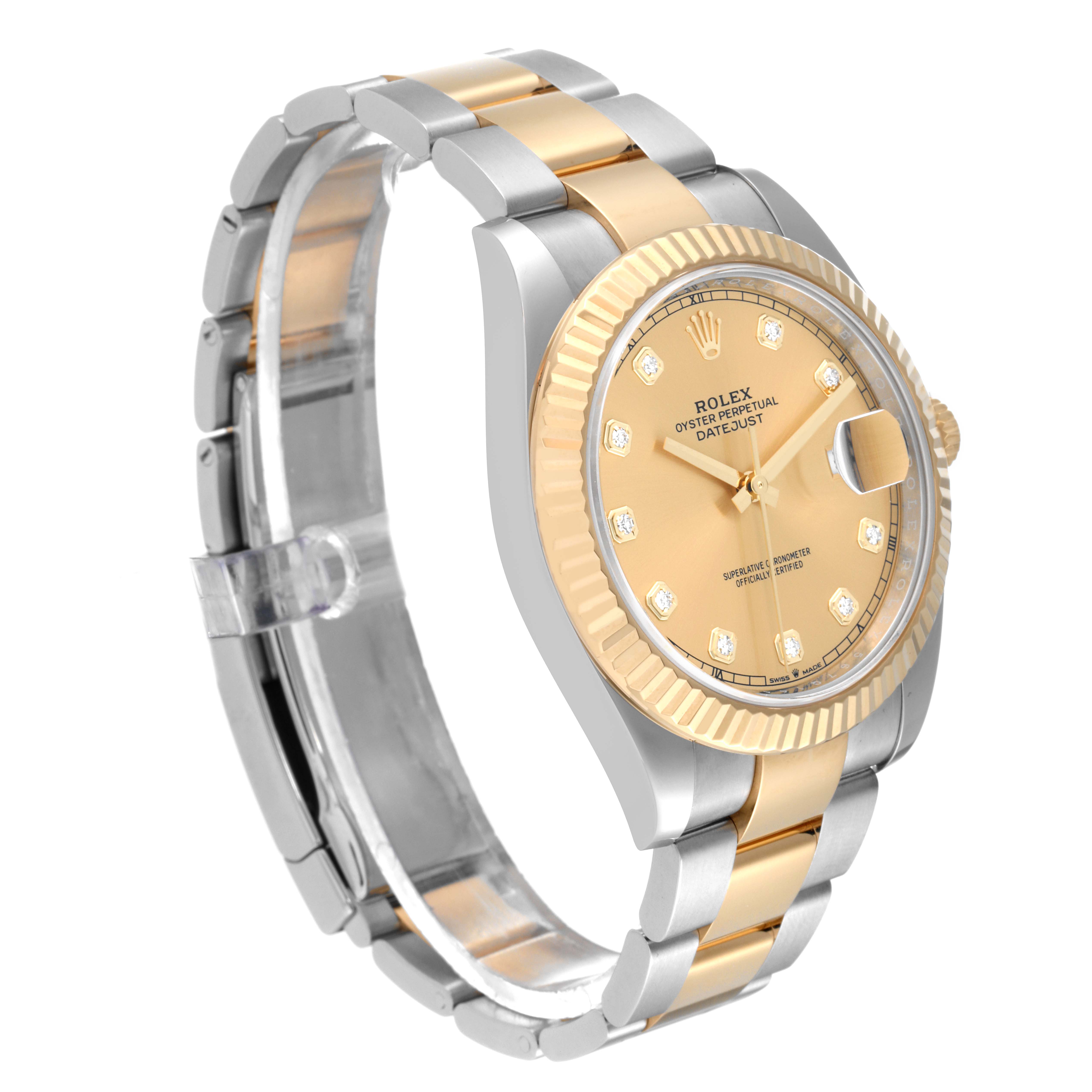 The Rolex Datejust 41 126333 Men's Steel and Gold (two tone) Champagne Dial 126333 Men's Steel and Gold (two tone) Champagne Dial is shown from an oblique angle, highlighting its dial, bezel, and two-tone bracelet.