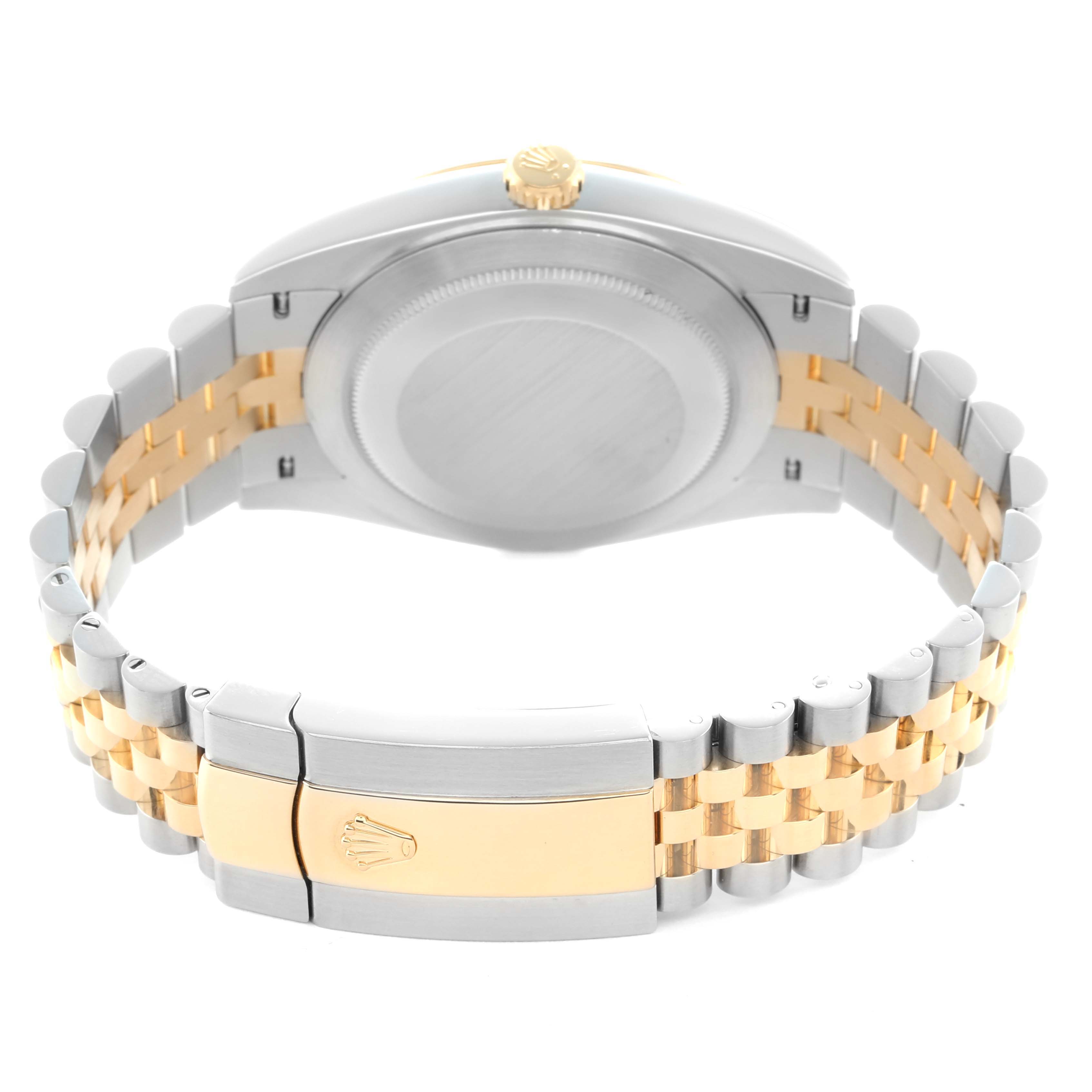 The image shows the back of the Rolex Datejust 41 126333 Men
s Steel and Gold (two tone) Grey Dial, highlighting the clasp and bracelet.