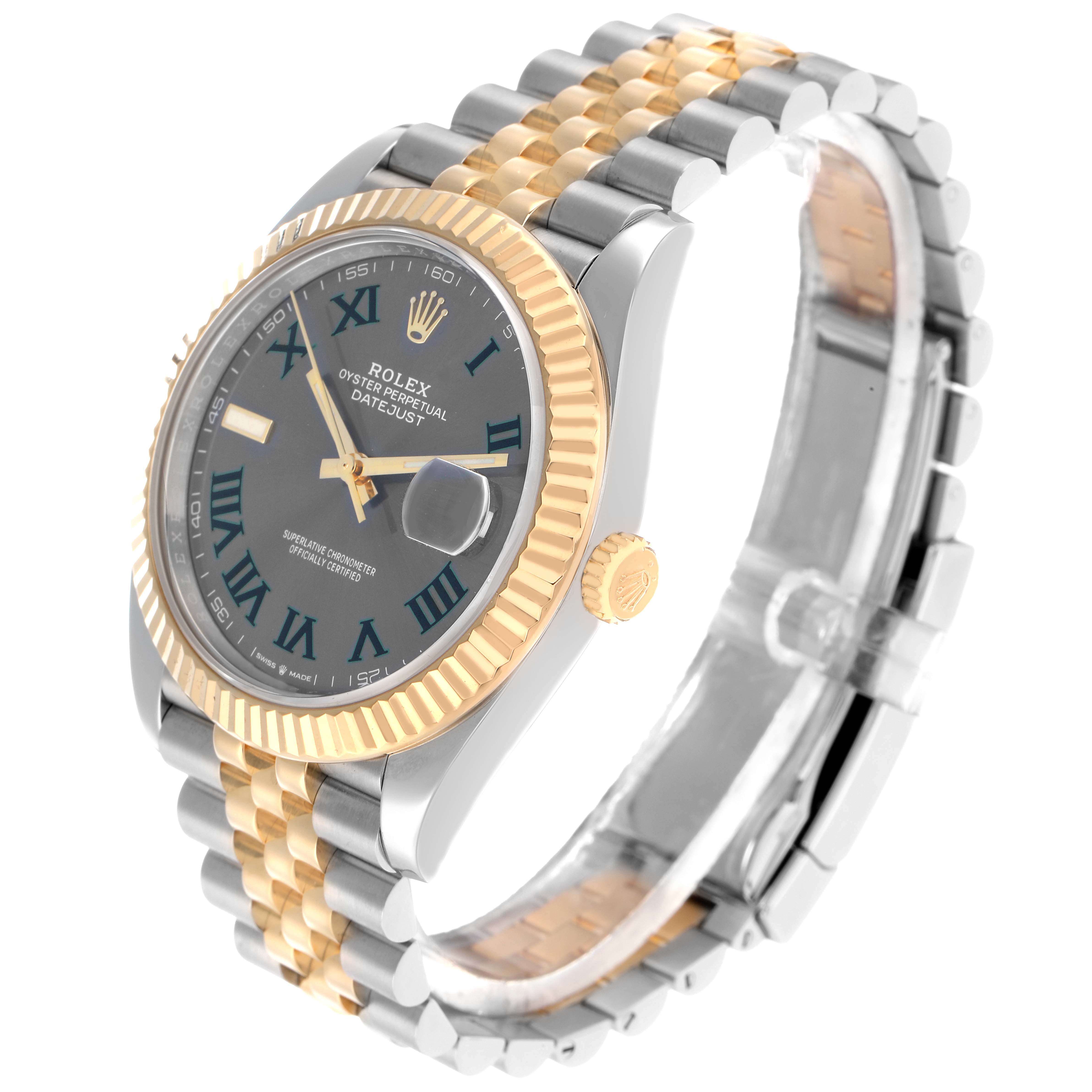 The Rolex Datejust 41 126333 Men
s Steel and Gold (two tone) Grey Dial is shown from an angled view, displaying the face, fluted bezel, and two-tone bracelet.