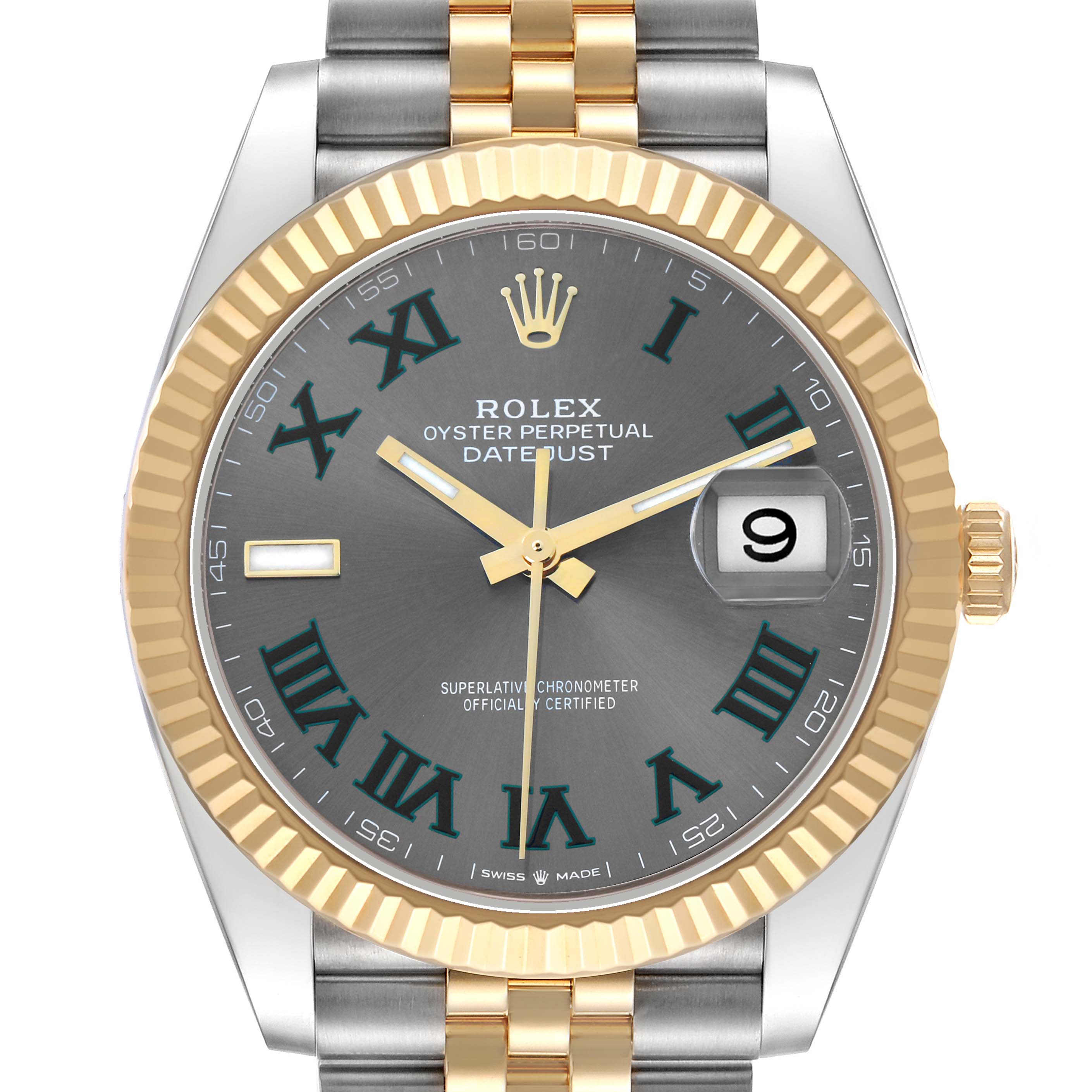 The Rolex Datejust 41 126333 Men
s Steel and Gold (two tone) Grey Dial is shown from the front, featuring the dial, bezel, crown, and part of the bracelet.