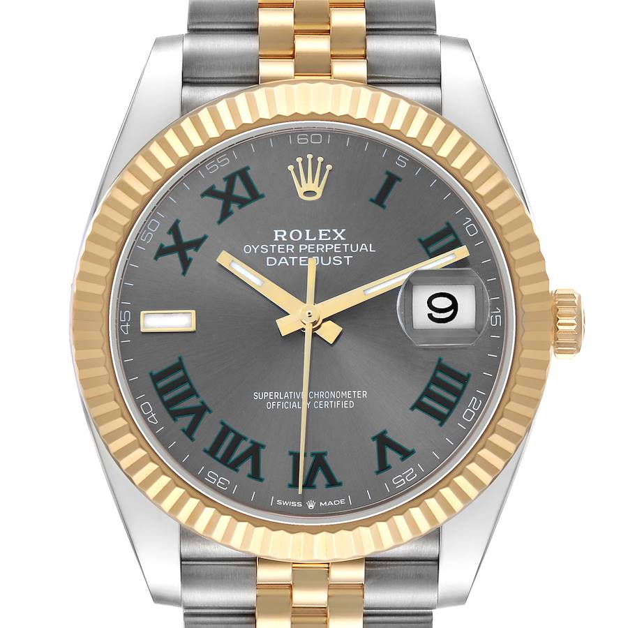 The Rolex Datejust 41 126333 Men's Steel and Gold (two tone) Grey Dial is shown from the front, featuring the dial, bezel, crown, and part of the bracelet.