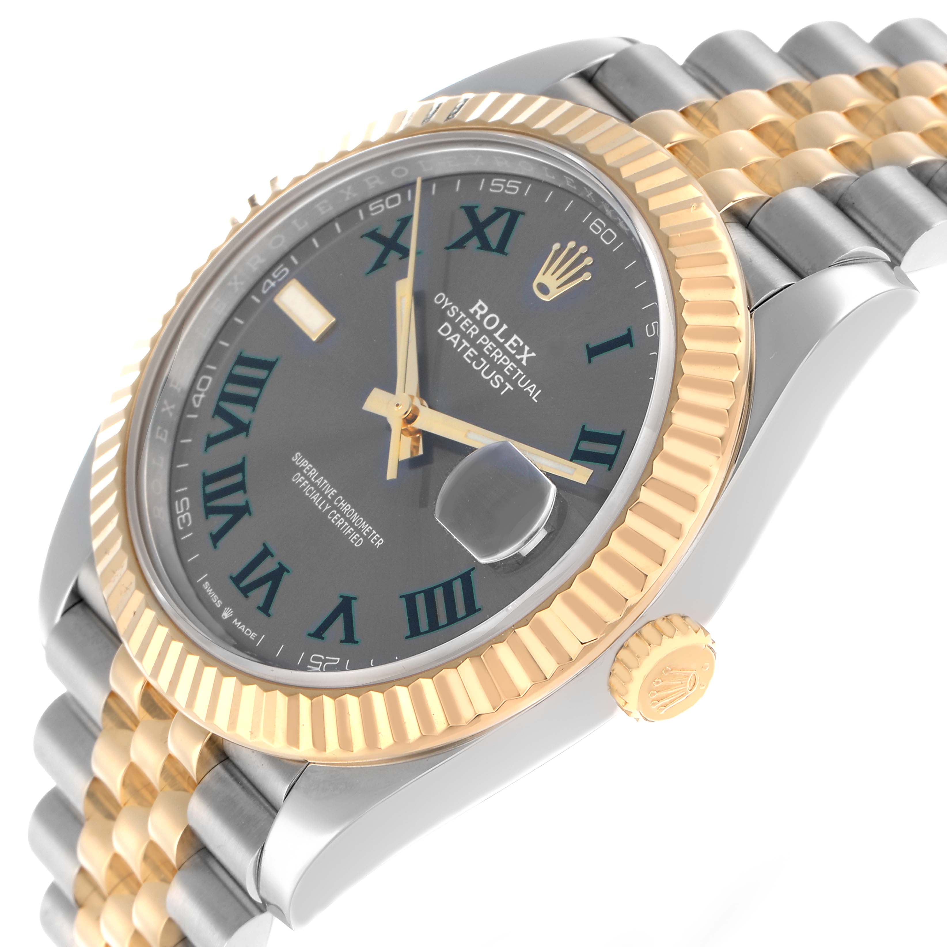 The image shows a Rolex Datejust 41 126333 Men
s Steel and Gold (two tone) Grey Dial at an angled side view, highlighting the dial, bezel, crown, and Jubilee bracelet.
