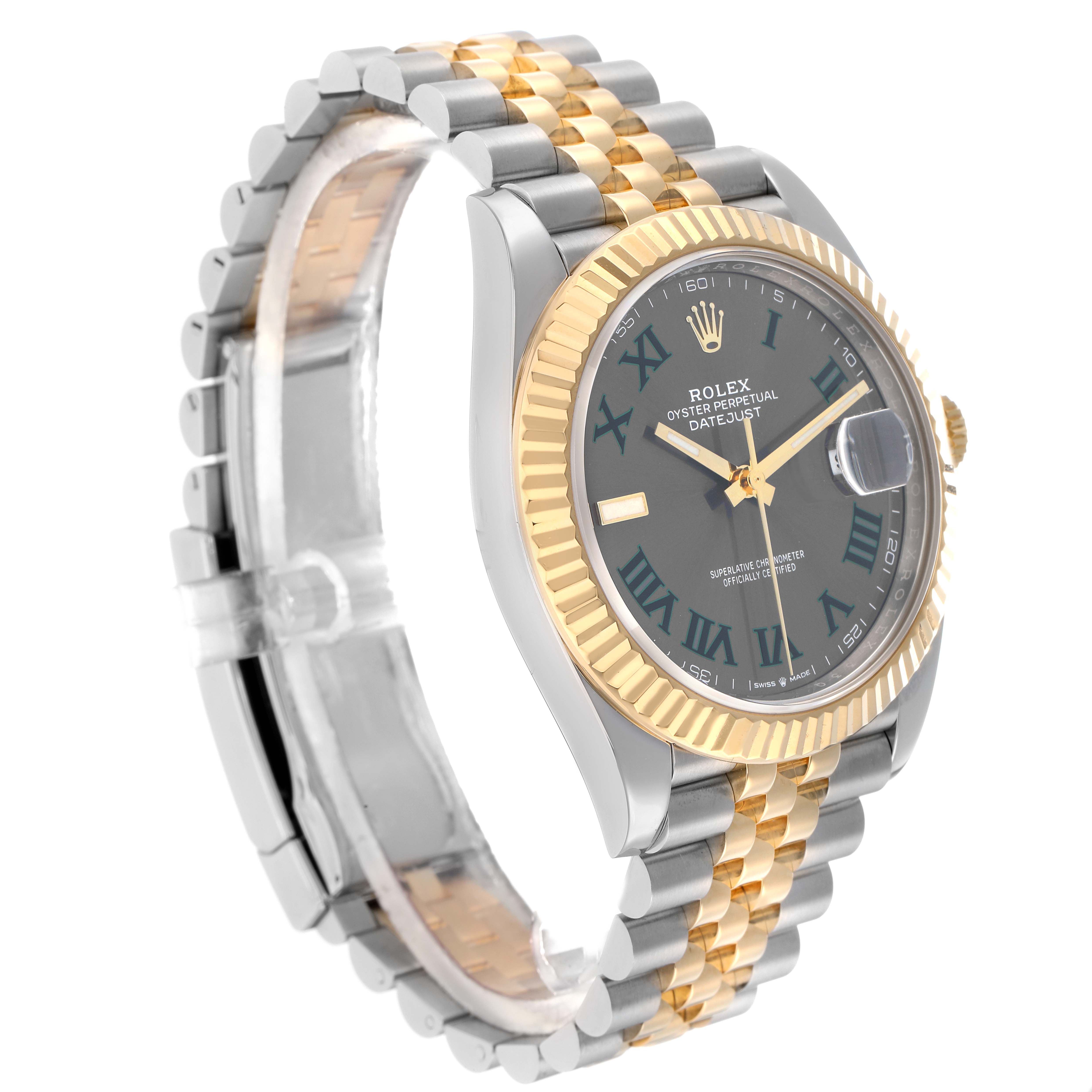 The Rolex Datejust 41 126333 Men
s Steel and Gold (two tone) Grey Dial is shown at an angled view, highlighting the two-tone bracelet, fluted bezel, and dark dial with Roman numerals.