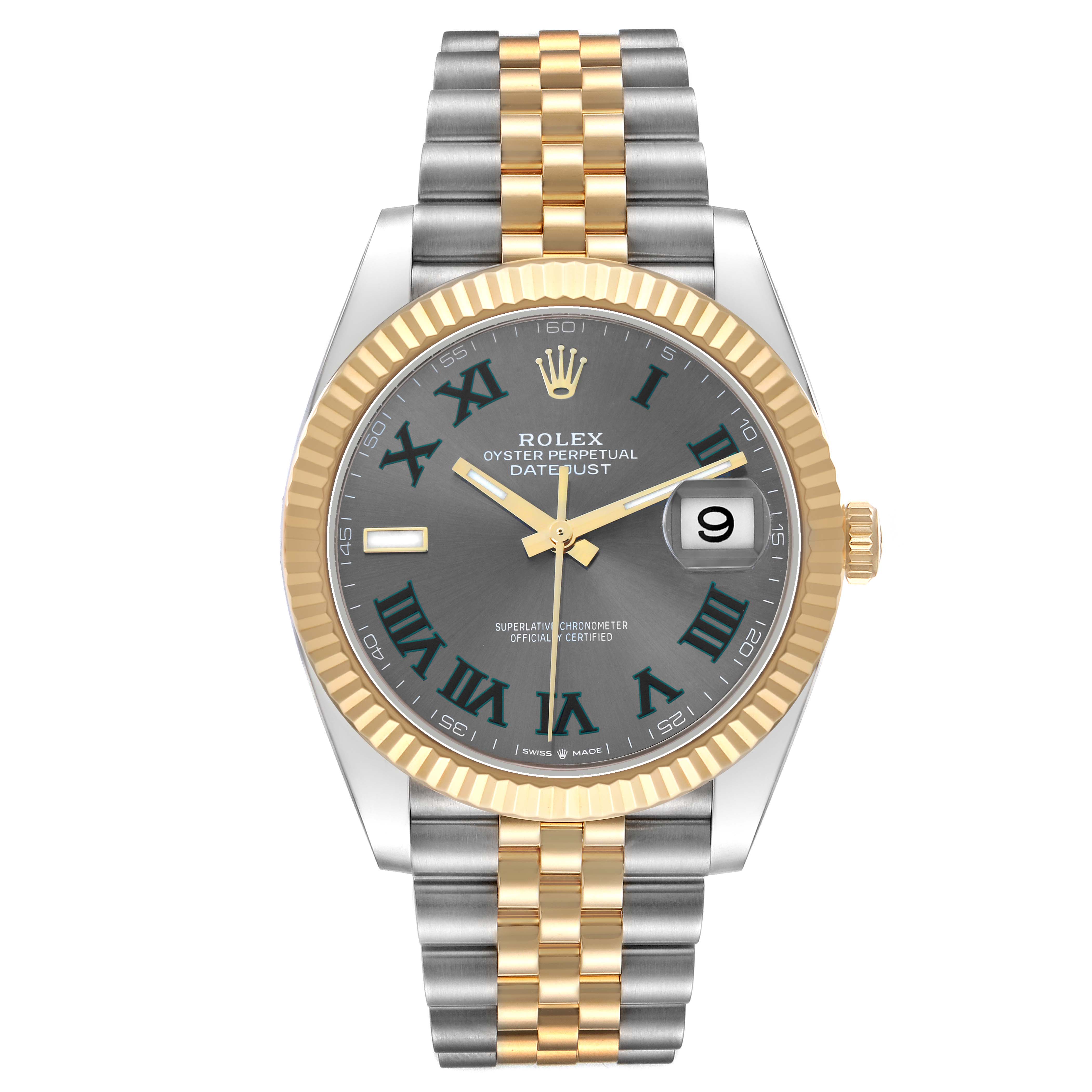 The Rolex Datejust 41 126333 Men
s Steel and Gold (two tone) Grey Dial is shown from the front, displaying the dial, bezel, crown, and two-tone bracelet.