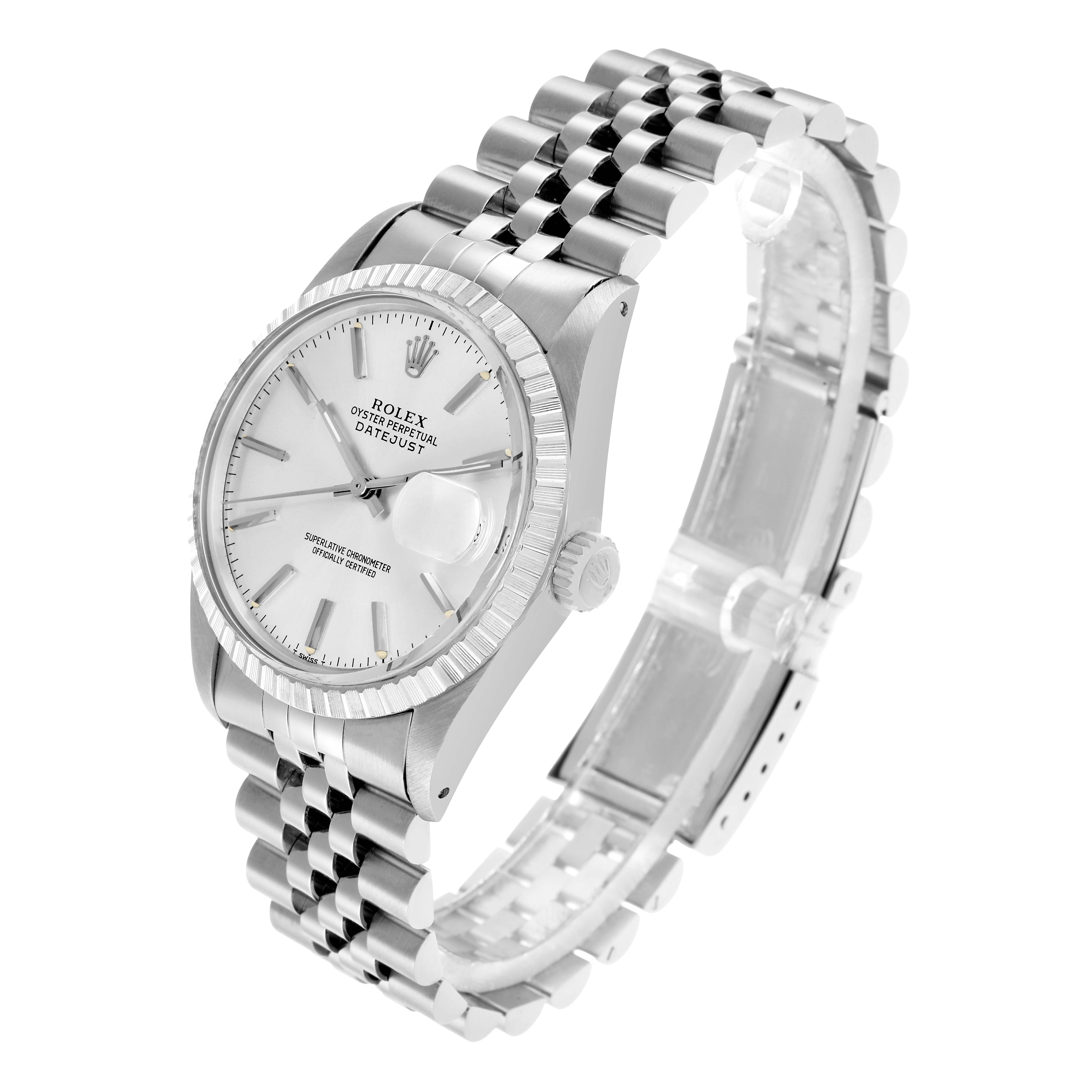 The Rolex Vintage Collection 16030 Men
s Stainless Steel Silver Dial watch is shown at a three-quarter angle, displaying the face, bezel, crown, and bracelet.