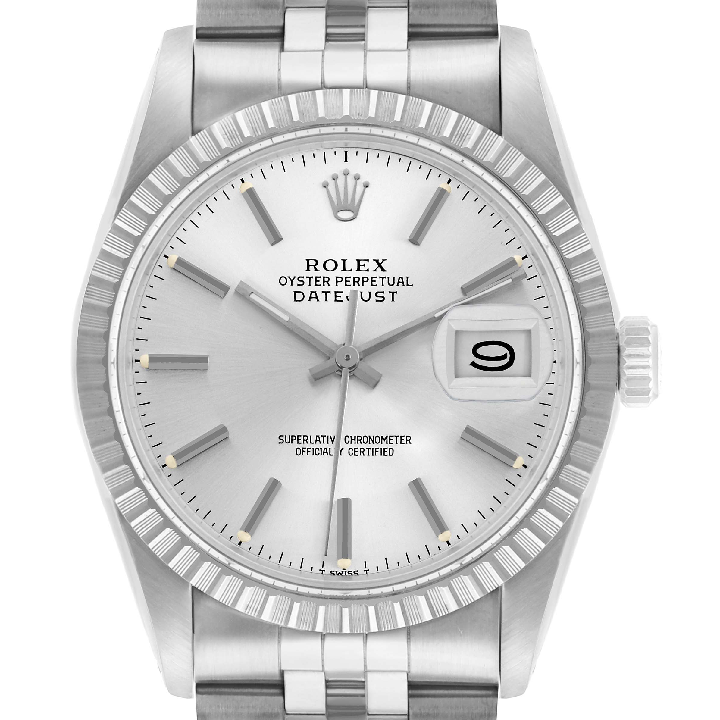 The Rolex Vintage Collection 16030 Men
s Stainless Steel Silver Dial watch is shown from a front angle, highlighting the dial, bezel, crown, and part of the bracelet.