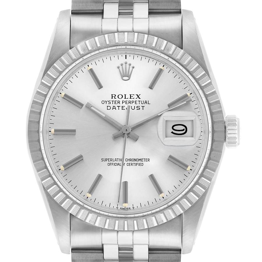 The Rolex Vintage Collection 16030 Men's Stainless Steel Silver Dial watch is shown from a front angle, highlighting the dial, bezel, crown, and part of the bracelet.