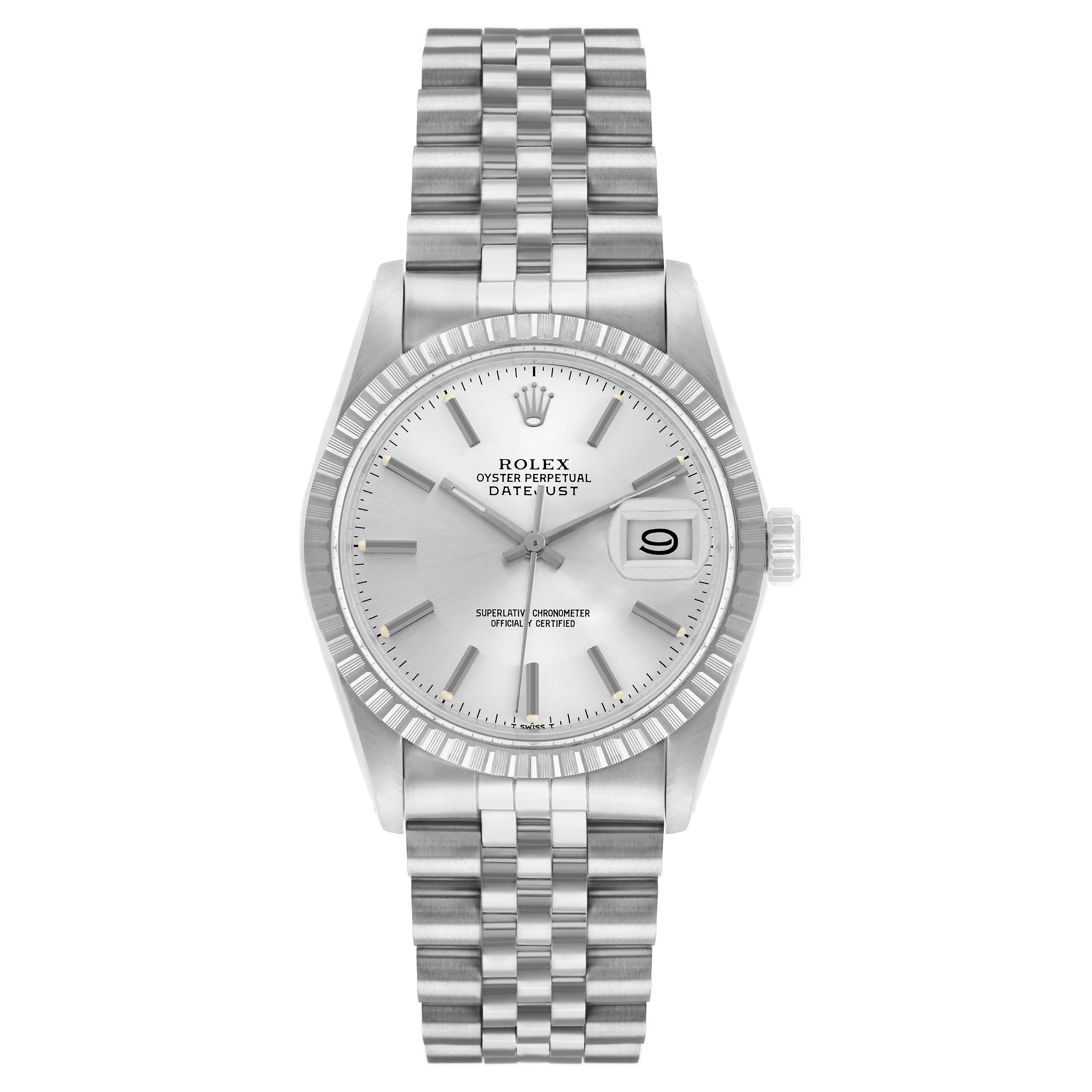 The Rolex Vintage Collection 16030 Men
s Stainless Steel Silver Dial watch is shown from a front angle, displaying its dial, bracelet, and date function.