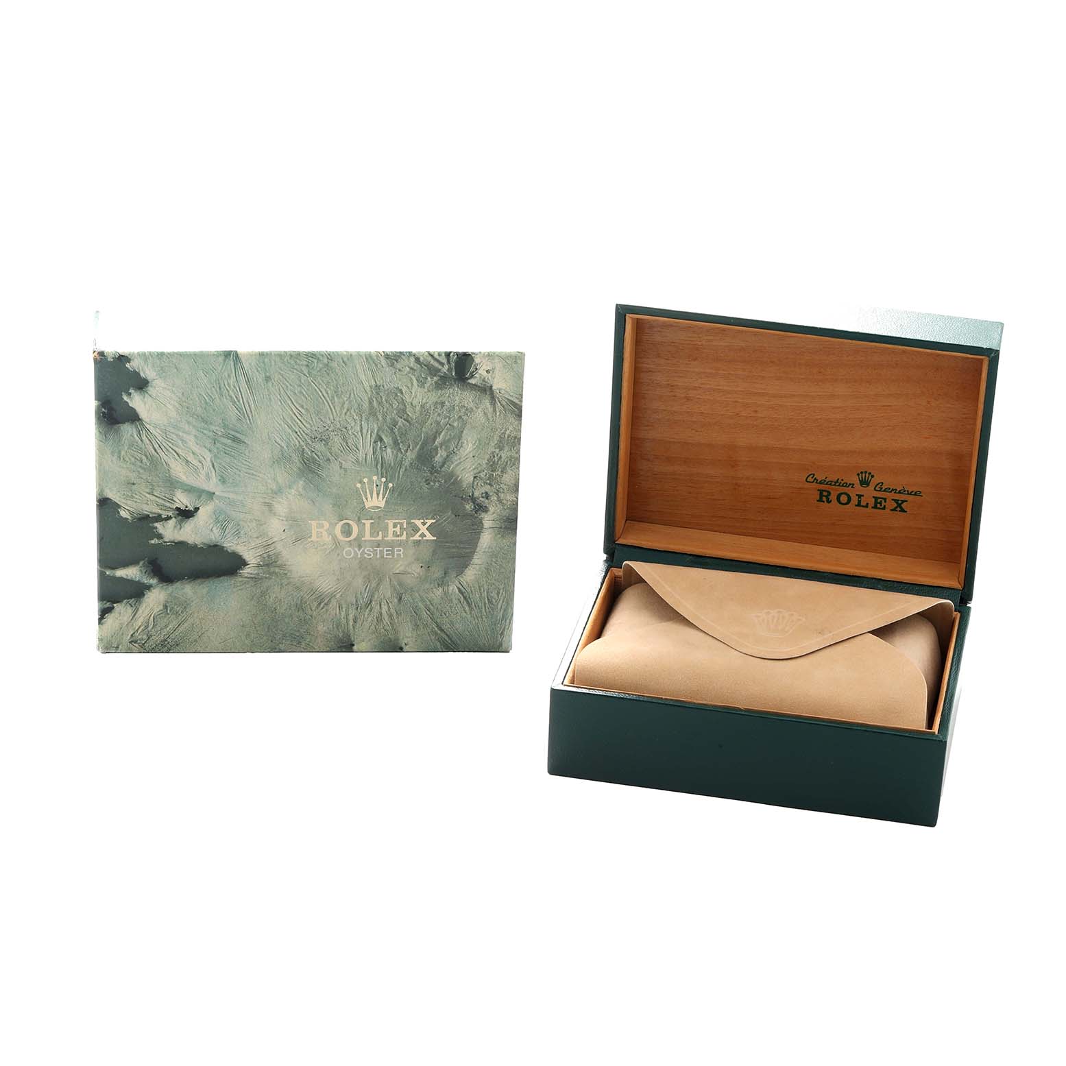 The image shows the packaging for the Rolex Vintage Collection 16030 Men
s Stainless Steel Silver Dial model, including a green textured box and an open wooden watch box.