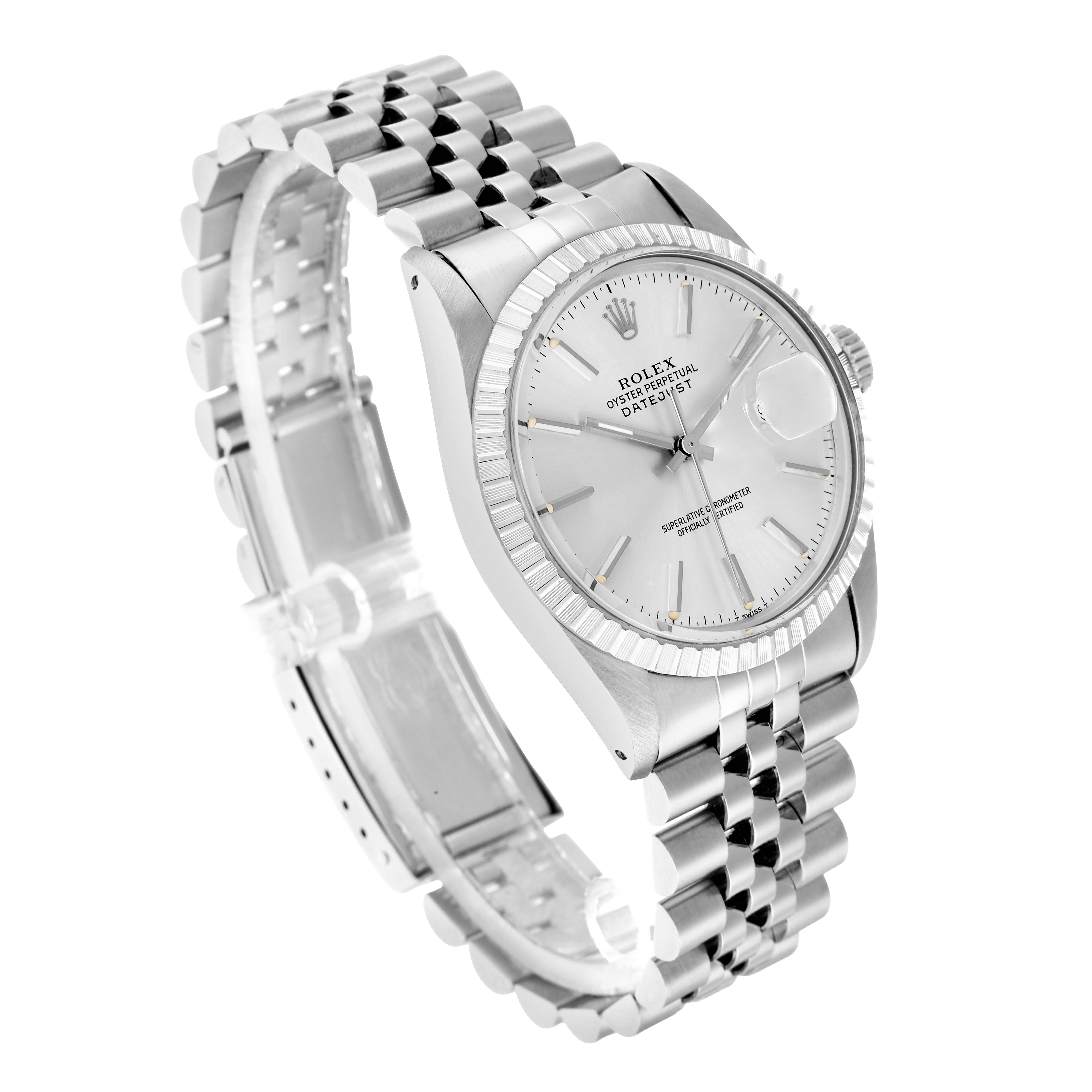 The Rolex Vintage Collection 16030 Men
s Stainless Steel Silver Dial watch is shown at an angled view, highlighting its face, bezel, and part of the bracelet.