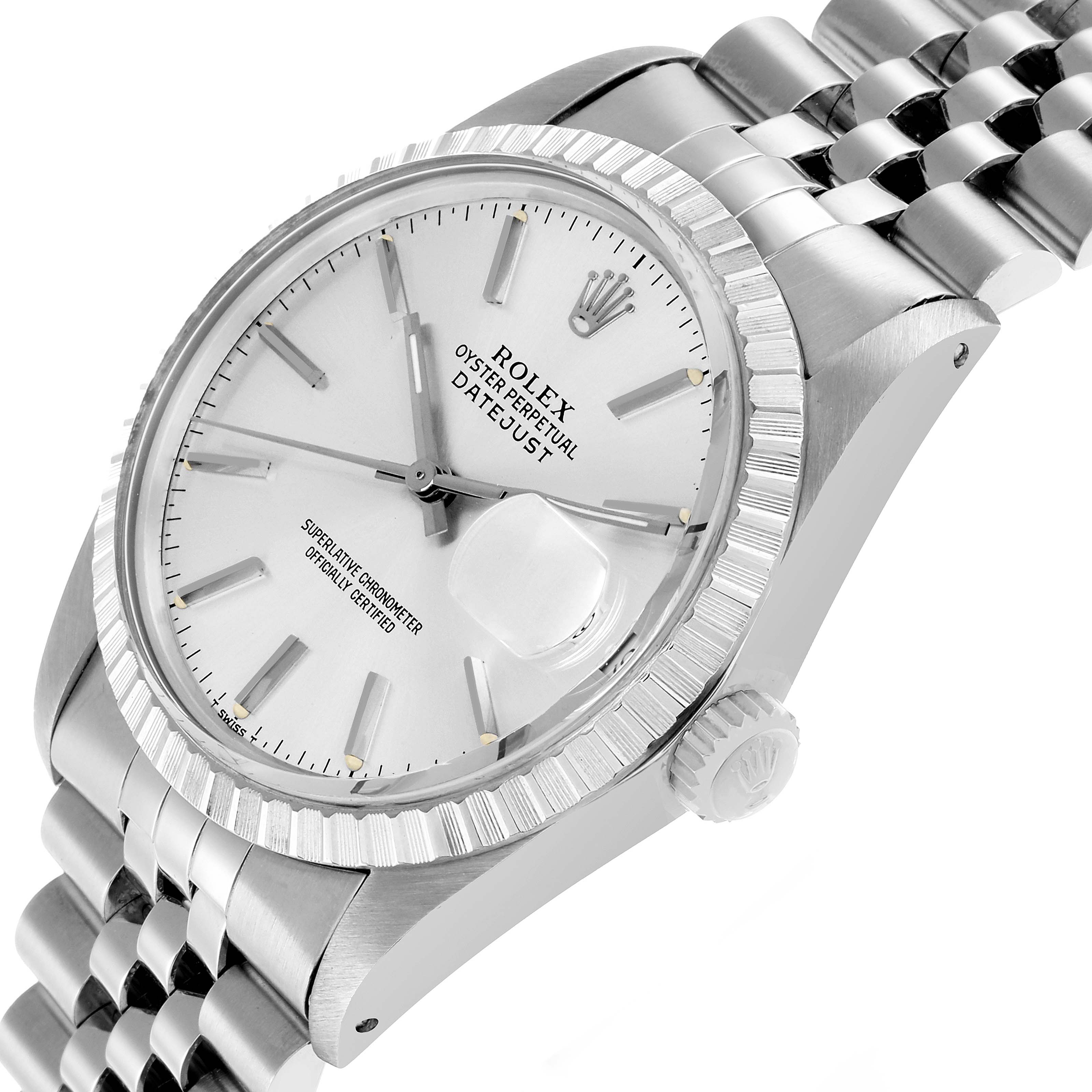 The Rolex Vintage Collection 16030 Men
s Stainless Steel Silver Dial model is shown at a side angle, displaying the face, fluted bezel, crown, and part of the bracelet.