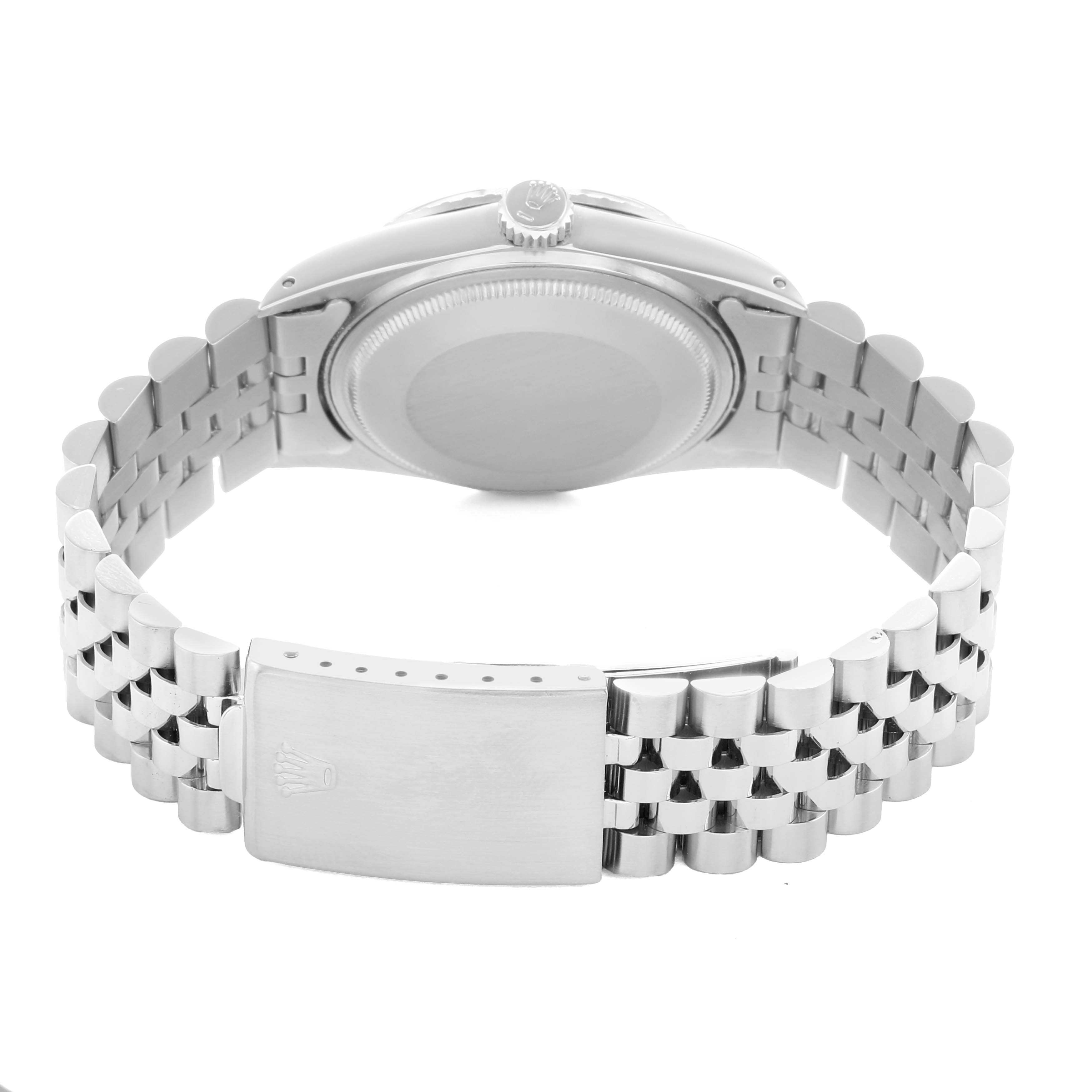 The image shows the backside of the Rolex Vintage Collection 16030 Men
s Stainless Steel Silver Dial watch, featuring its case back and metal bracelet with a clasp.