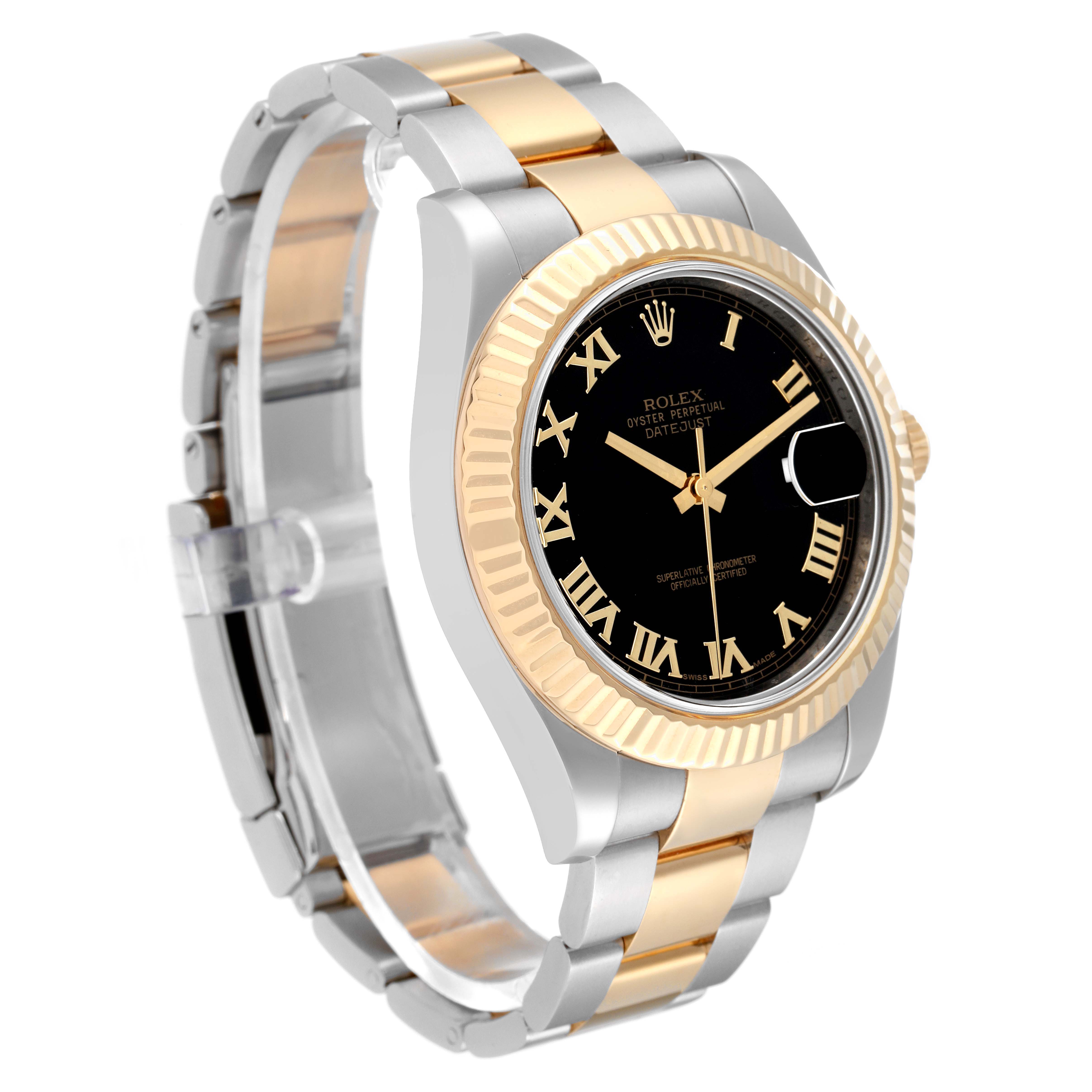 This Rolex Datejust 41 116333 Men's Steel and Gold (two tone) Black Dial 116333 Men's Steel and Gold (two tone) Black Dial watch is shown at a three-quarter angle, highlighting its black dial, two-tone bracelet, and fluted bezel.