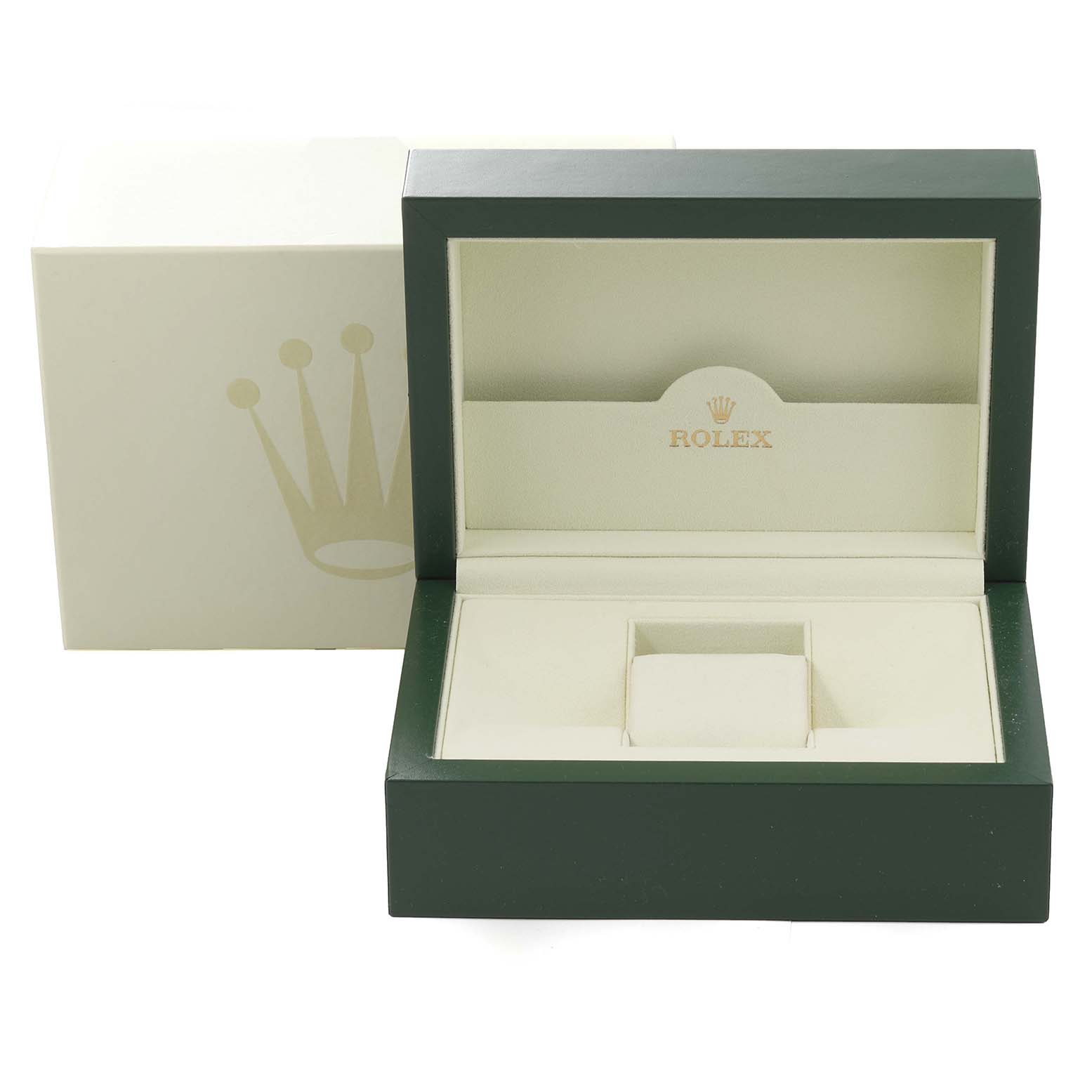 This image shows an open green and beige Rolex Datejust 41 116333 Men's Steel and Gold (two tone) Black Dial 116333 Men's Steel and Gold (two tone) Black Dial presentation box with the Rolex logo, positioned straight-on.