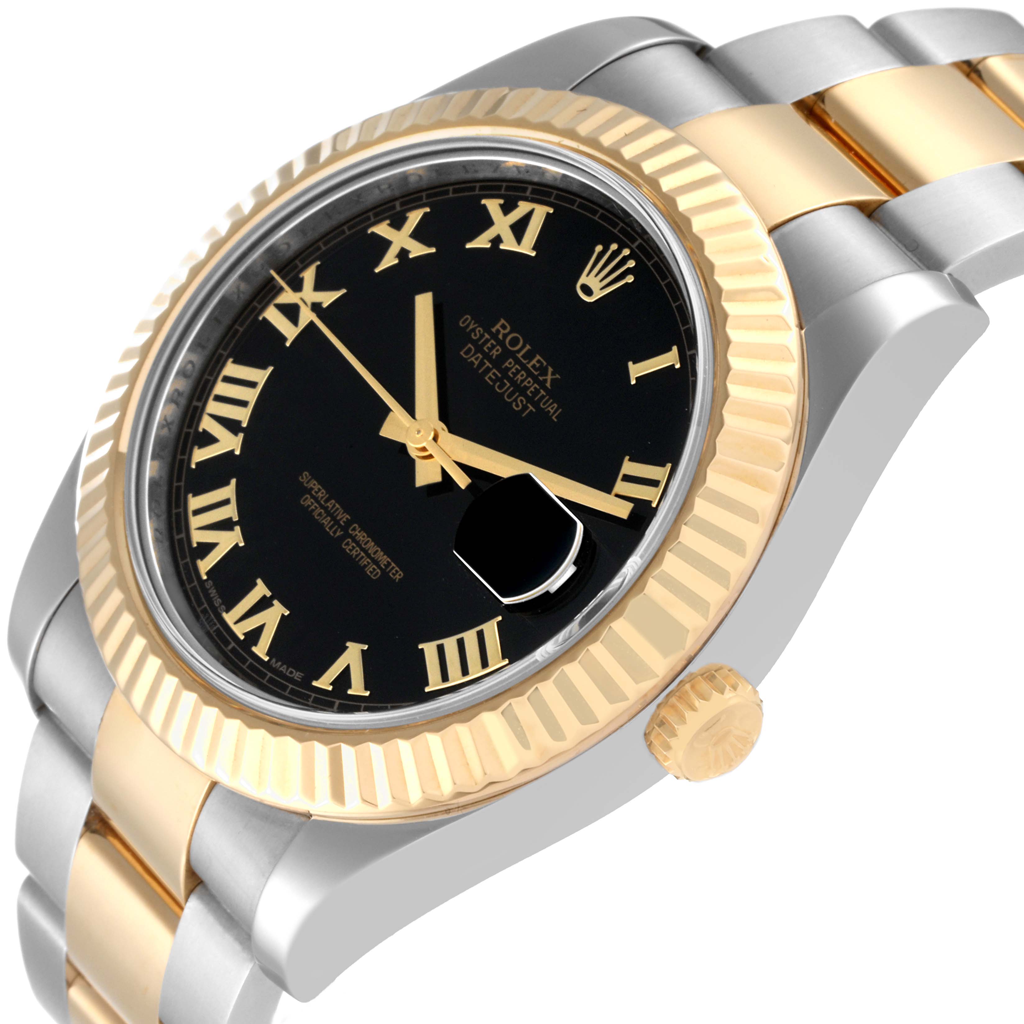 The image shows a close-up, angled view of the Rolex Datejust 41 116333 Men's Steel and Gold (two tone) Black Dial 116333 Men's Steel and Gold (two tone) Black Dial watch, highlighting the black dial, fluted bezel, and two-tone bracelet.