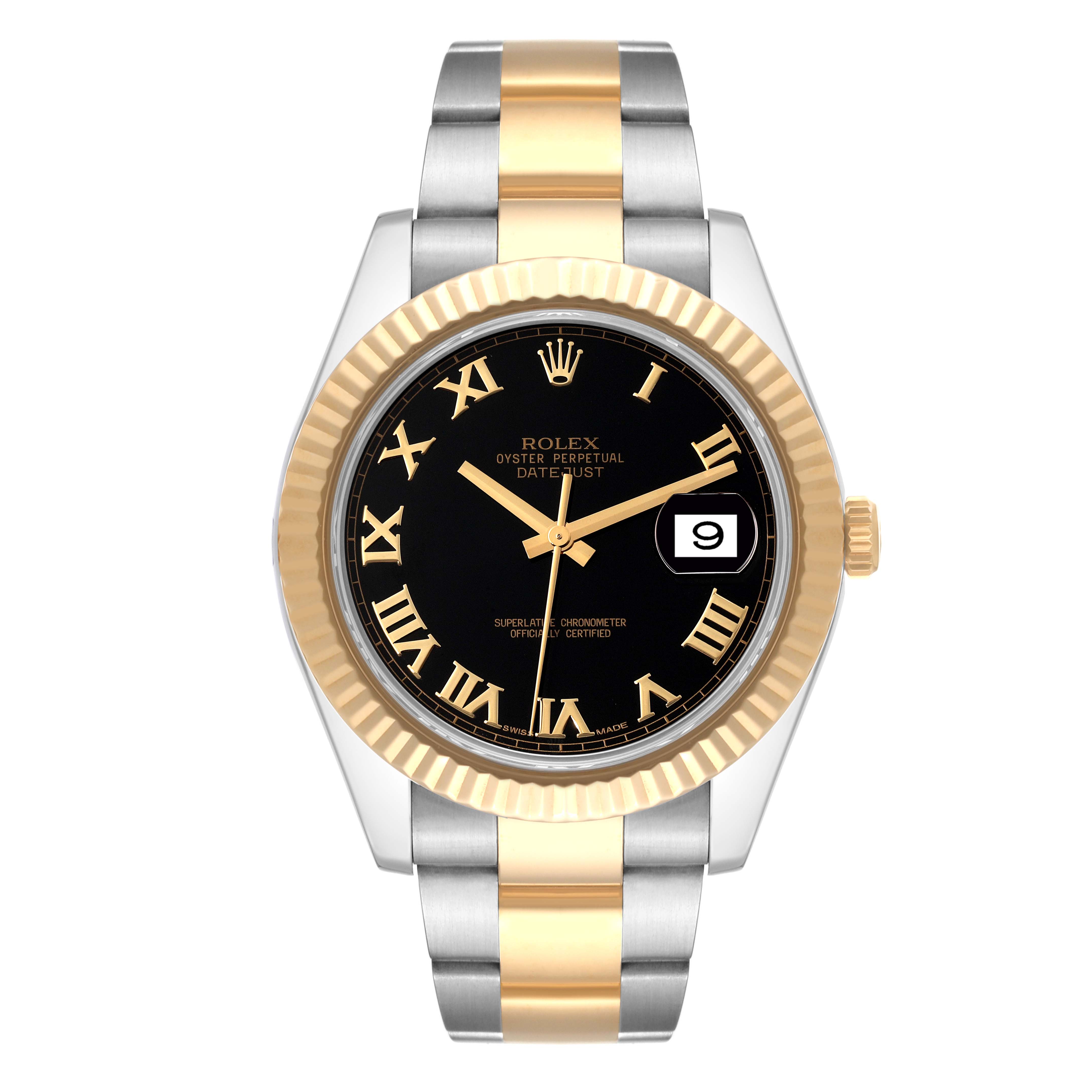 The image shows a front view of the Rolex Datejust 41 116333 Men's Steel and Gold (two tone) Black Dial 116333 Men's Steel and Gold (two tone) Black Dial watch, highlighting its two-tone bracelet, black dial, and fluted bezel.