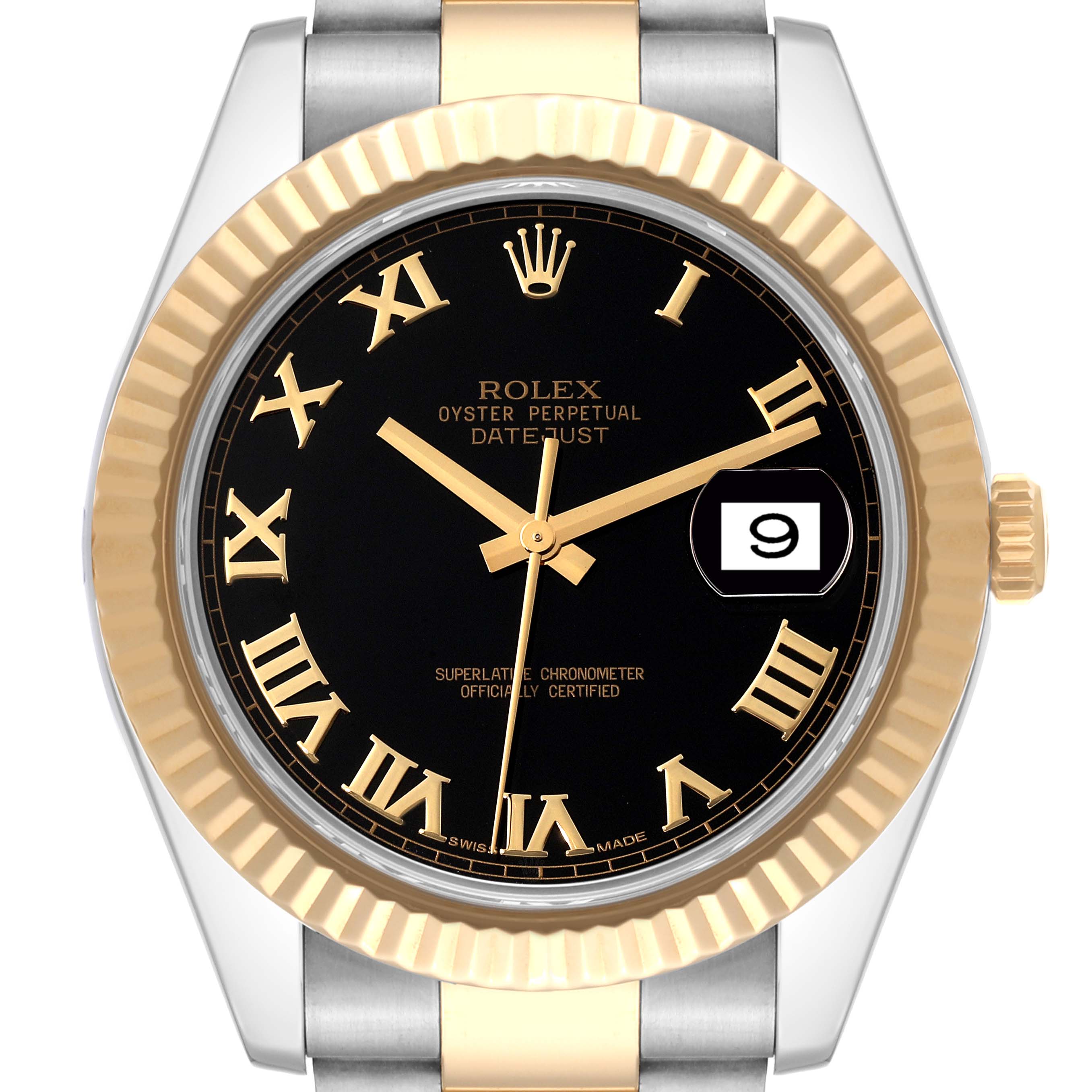 The image shows a front view of the Rolex Datejust 41 116333 Men's Steel and Gold (two tone) Black Dial 116333 Men's Steel and Gold (two tone) Black Dial watch, featuring a black dial, fluted bezel, and two-tone bracelet.