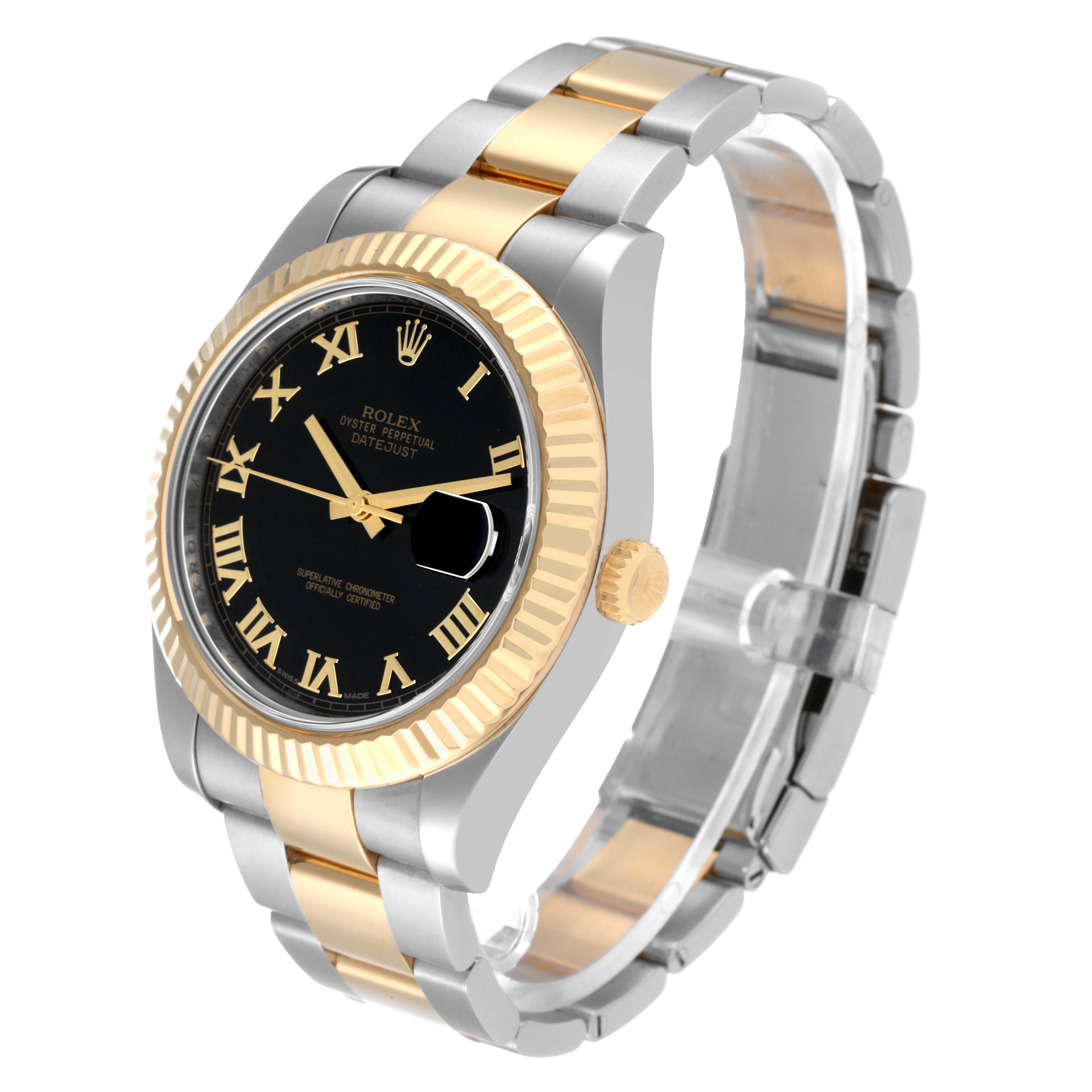 The image shows a Rolex Datejust 41 116333 Men's Steel and Gold (two tone) Black Dial 116333 Men's Steel and Gold (two tone) Black Dial watch at a 3/4 angle emphasizing its black dial, two-tone bracelet, and fluted bezel.