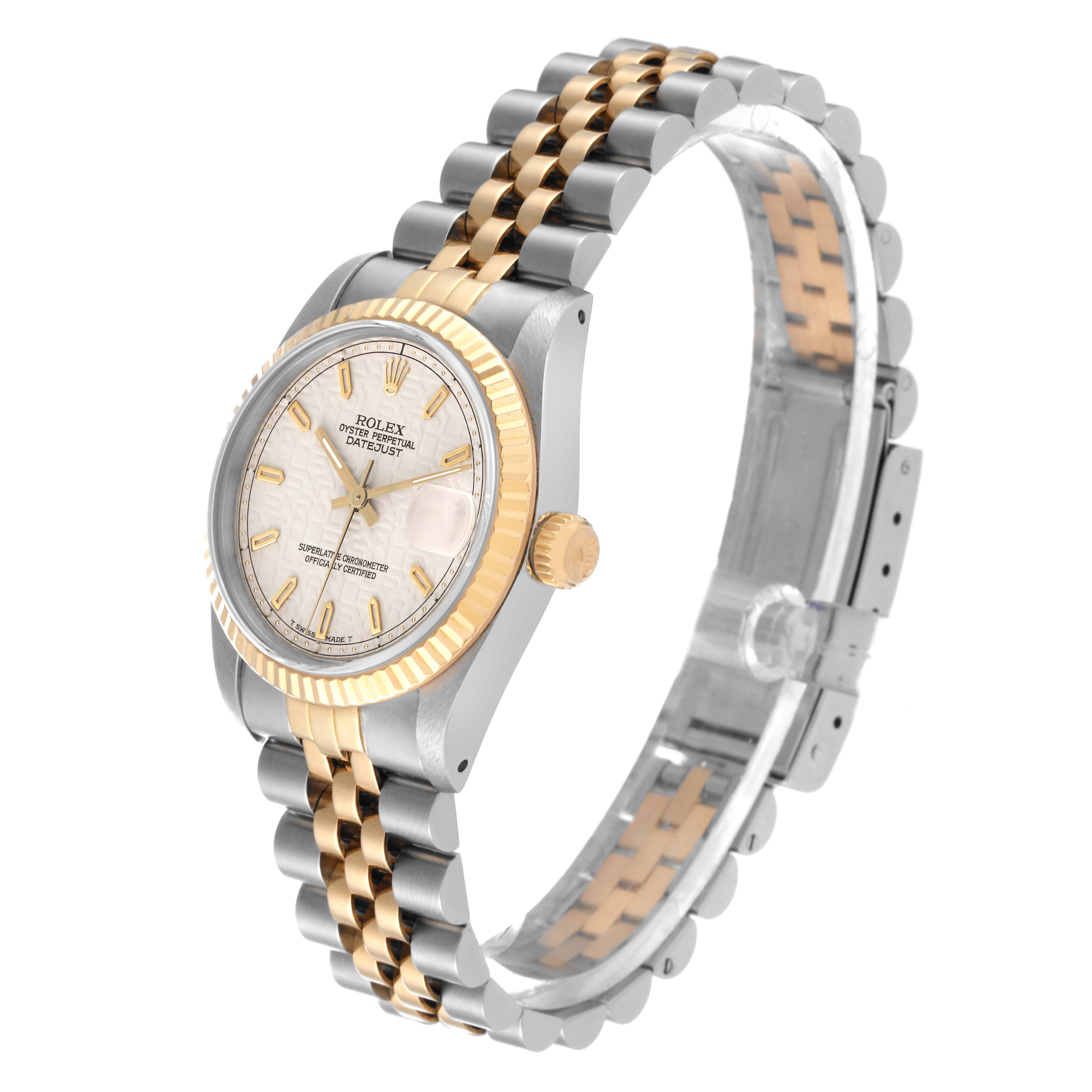 This image shows a Rolex Mid-Size 68273 Women's Steel and Gold (two tone) Beige Dial 68273 Women's Steel and Gold (two tone) Beige Dial Datejust watch at a three-quarter angle, highlighting its two-tone bracelet, fluted bezel, and silver dial.