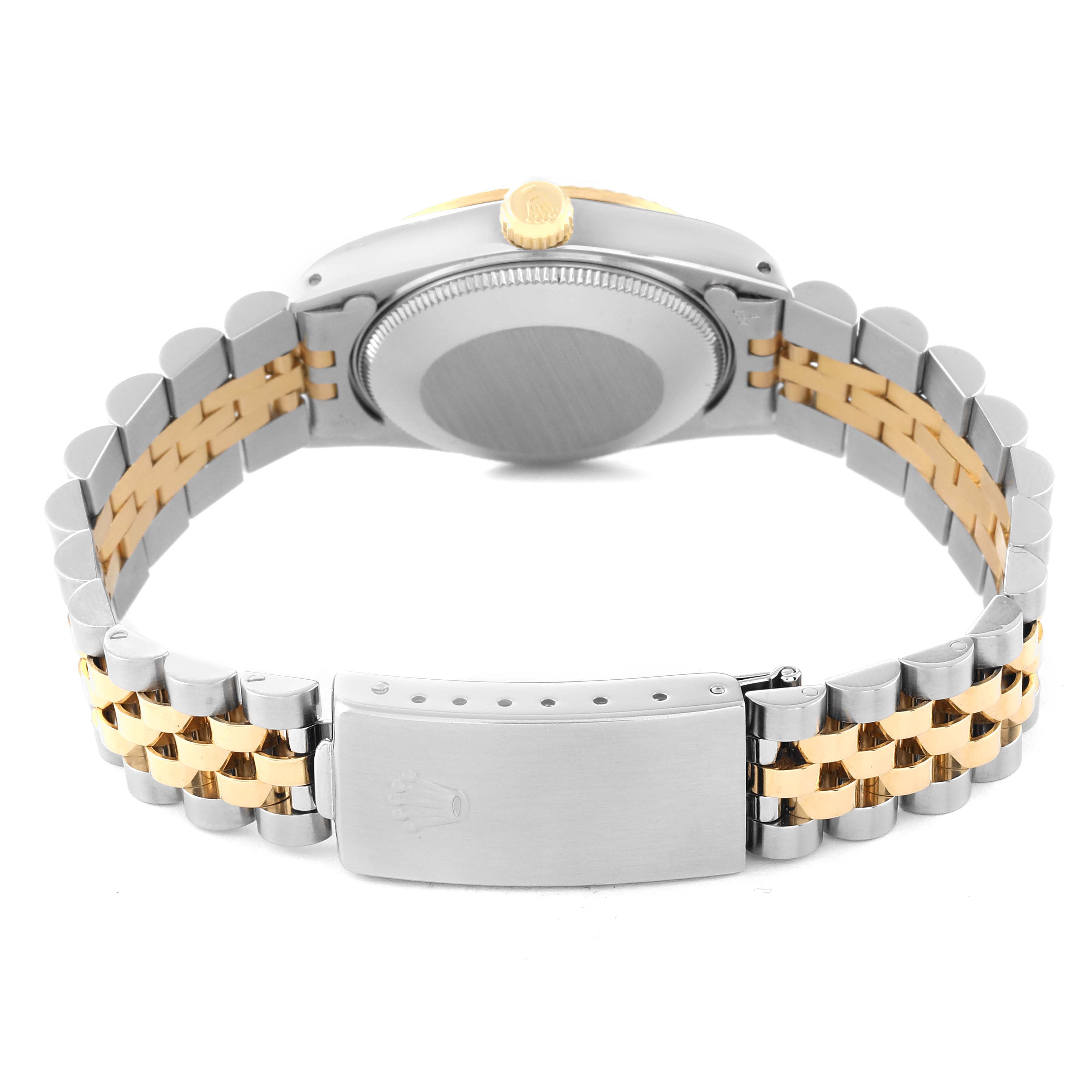 The image shows the back view of a Rolex Mid-Size 68273 Women's Steel and Gold (two tone) Beige Dial 68273 Women's Steel and Gold (two tone) Beige Dial watch, focusing on the case back, bracelet, and clasp.