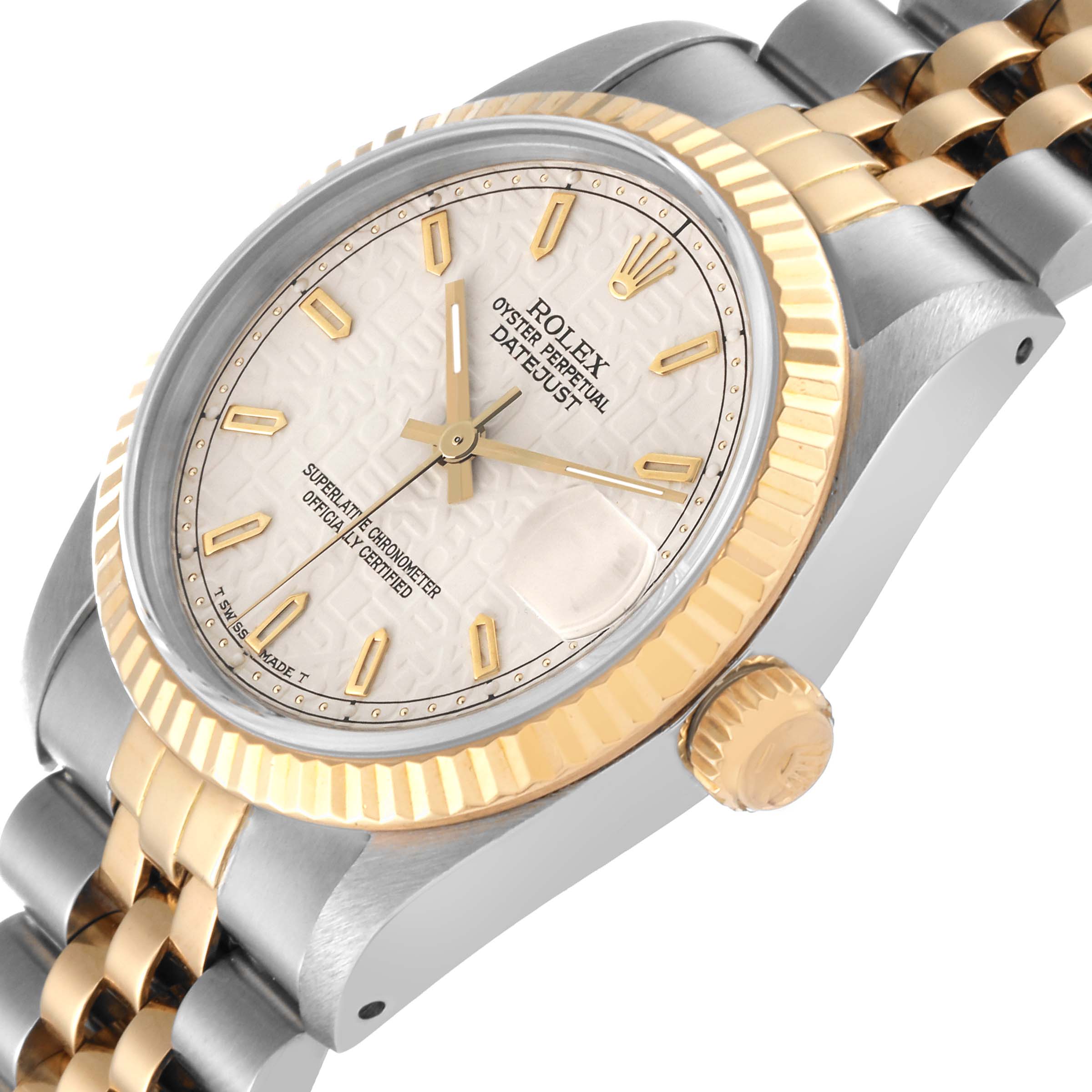 The image shows a Rolex Mid-Size 68273 Women's Steel and Gold (two tone) Beige Dial 68273 Women's Steel and Gold (two tone) Beige Dial Datejust watch at an angled close-up view highlighting the face, bezel, and part of the bracelet.