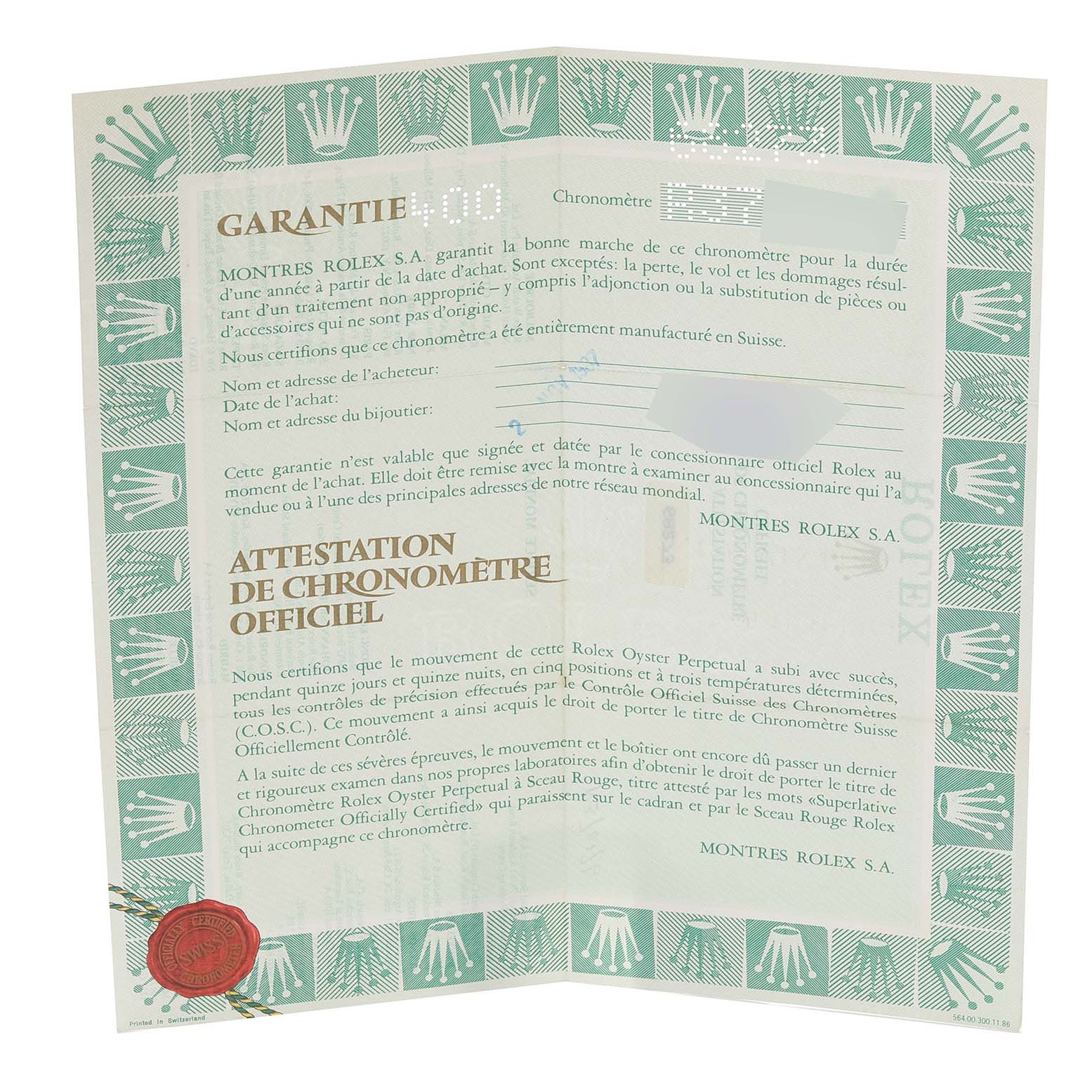 This image shows a warranty certificate for a Mid-Size Rolex watch, featuring official documentation and branding.