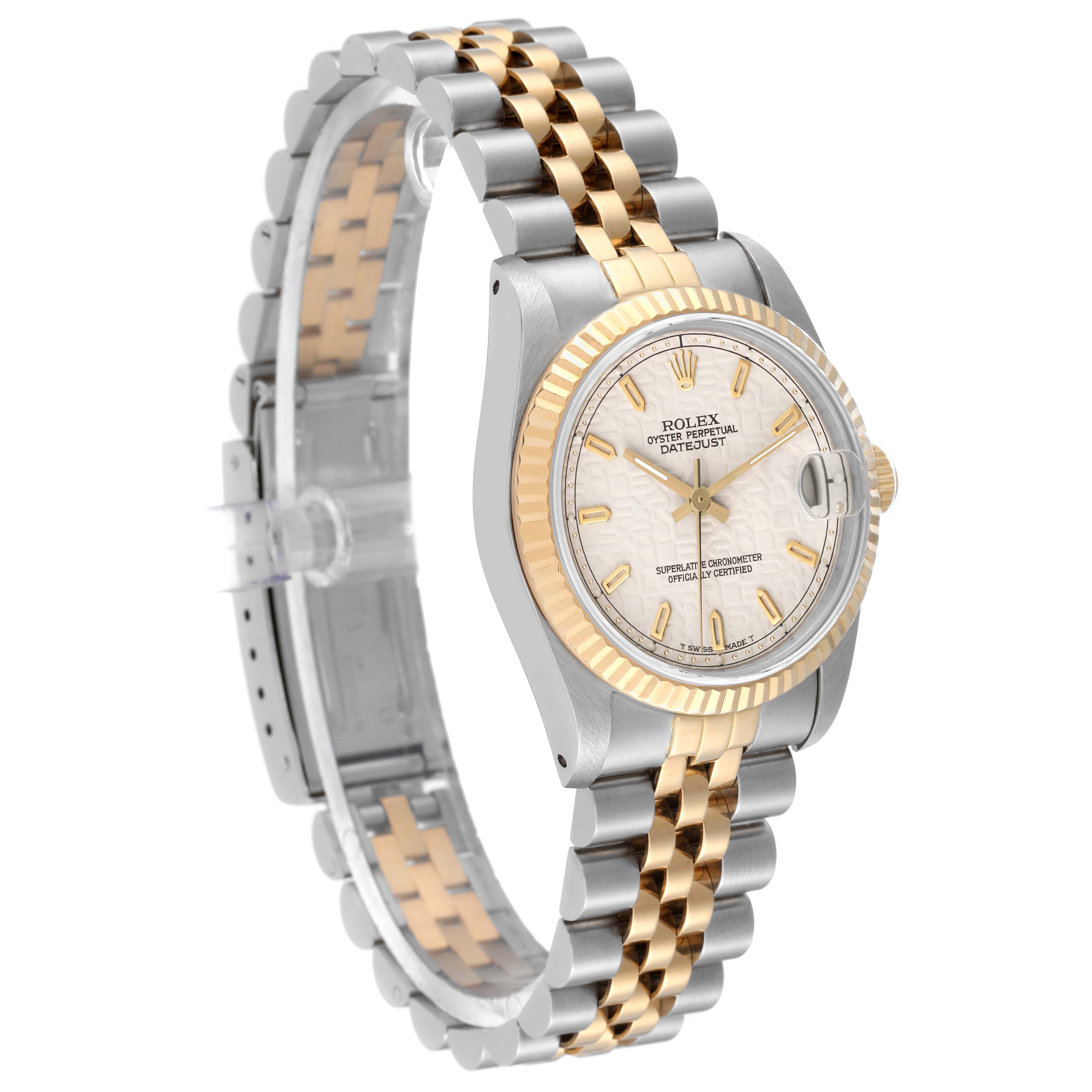 The image shows a Rolex Datejust Mid-Size watch at an angled front view, highlighting its bezel, dial, and Jubilee bracelet.