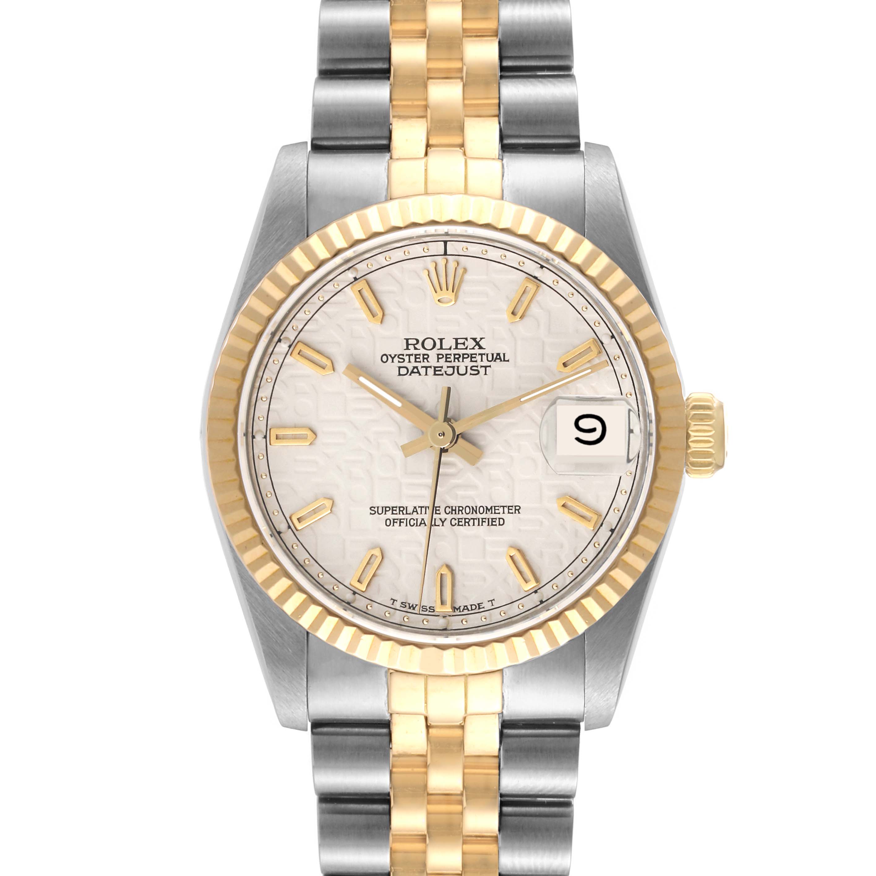 This is a front view of a Rolex Oyster Perpetual Datejust Mid-Size watch showing the face, bezel, and bracelet.