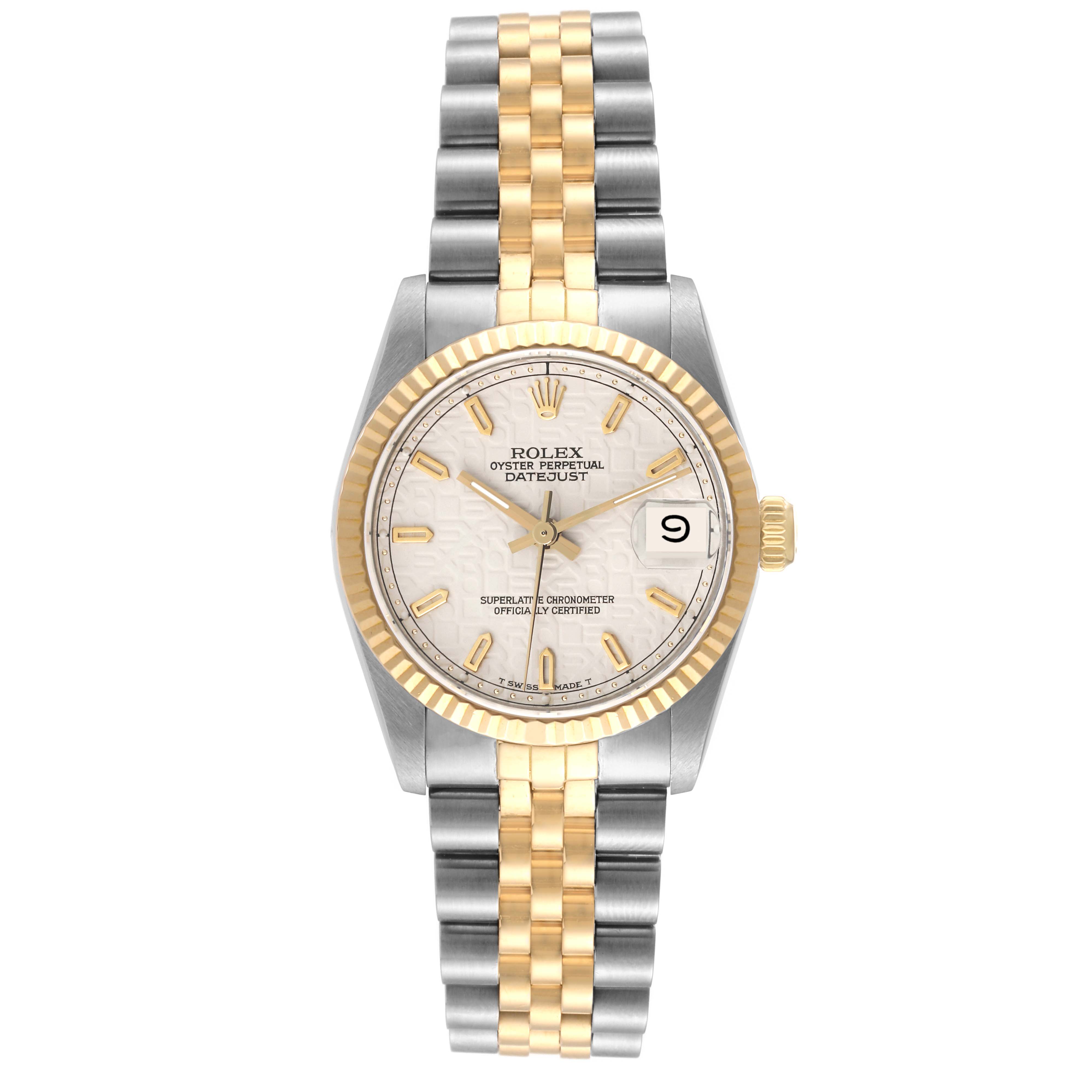 This image shows a frontal view of a Rolex Mid-Size 68273 Women's Steel and Gold (two tone) Beige Dial 68273 Women's Steel and Gold (two tone) Beige Dial Oyster Perpetual Datejust, highlighting its dial, bezel, and two-tone bracelet.