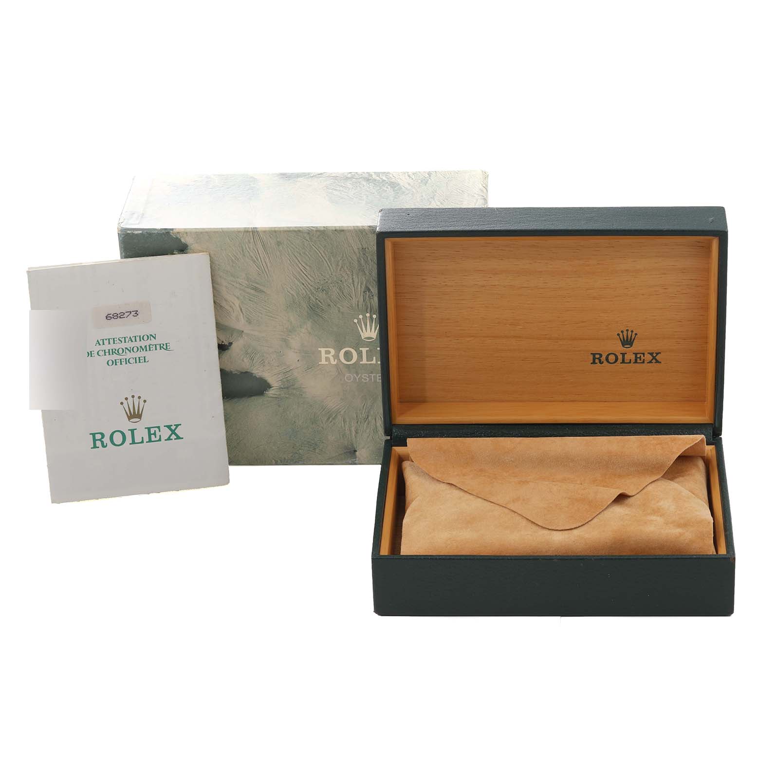 The image shows the packaging for the Rolex Mid-Size 68273 Women's Steel and Gold (two tone) Beige Dial 68273 Women's Steel and Gold (two tone) Beige Dial model, including the outer box, inner wooden box, and documentation.