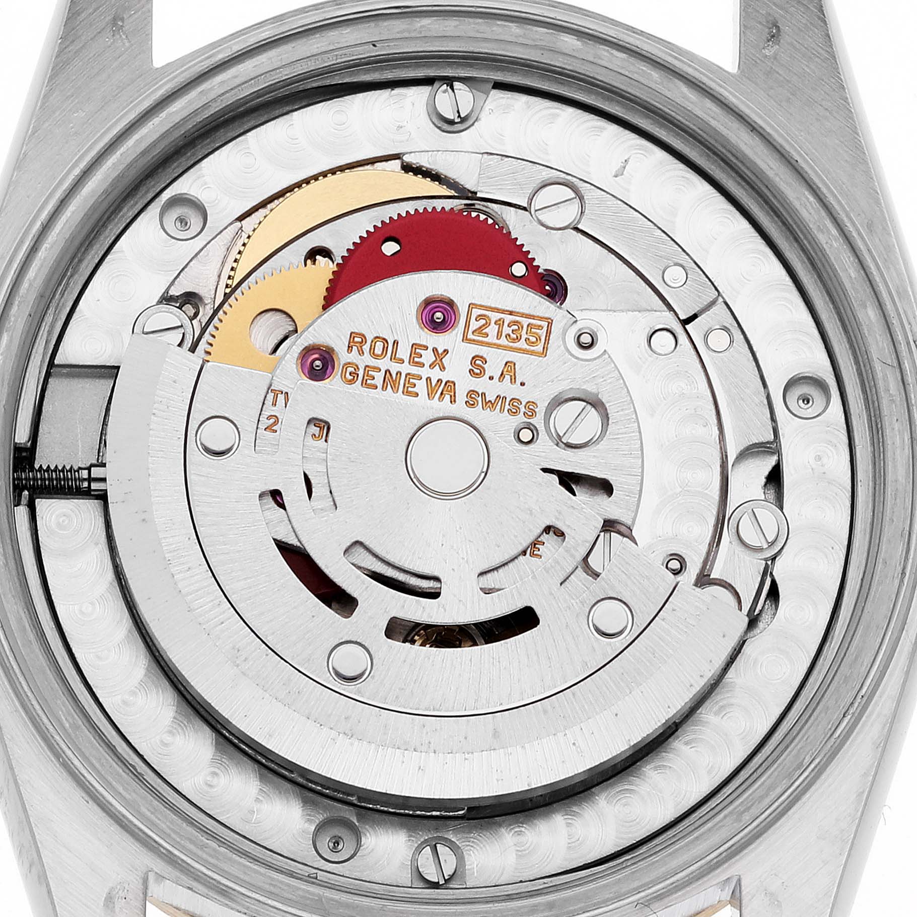 This image shows the movement mechanism of a Mid-Size Rolex watch model, taken from a back view.