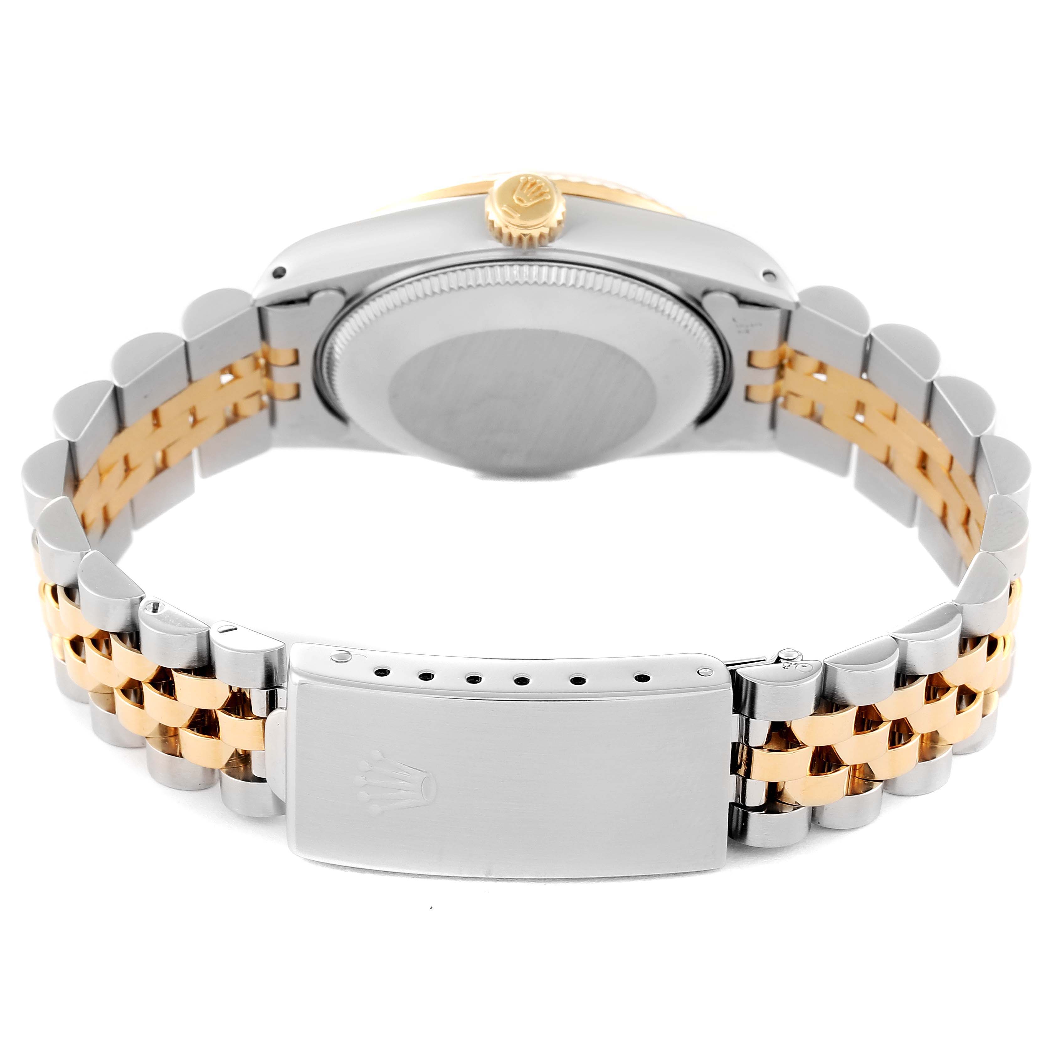 The rear view of a Mid-Size Rolex watch shows the case back, crown, and Jubilee bracelet in two-tone metal.