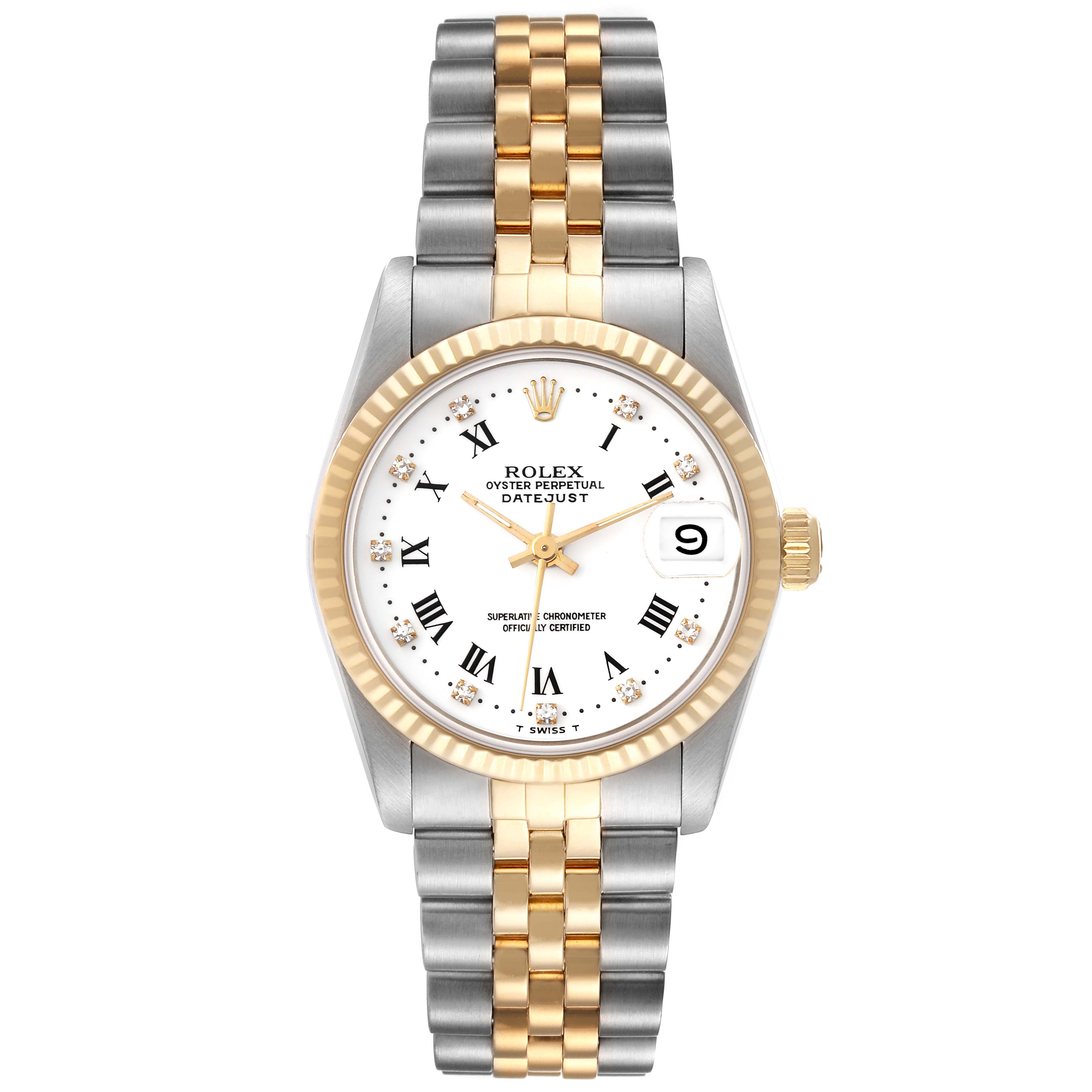 The image shows a frontal view of a Rolex Mid-Size 68273 Women
s Steel and Gold (two tone) White Dial 68273 Women
s Steel and Gold (two tone) White Dial Datejust watch, highlighting its two-tone bracelet and white dial with Roman numerals.