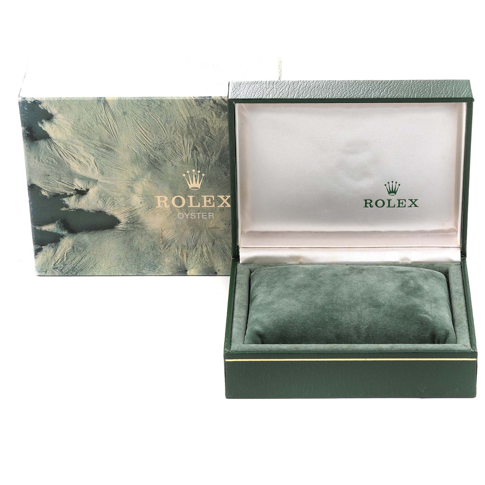 The image shows an empty Rolex Mid-Size 68273 Women
s Steel and Gold (two tone) White Dial 68273 Women
s Steel and Gold (two tone) White Dial watch box, open, with its outer packaging beside it.