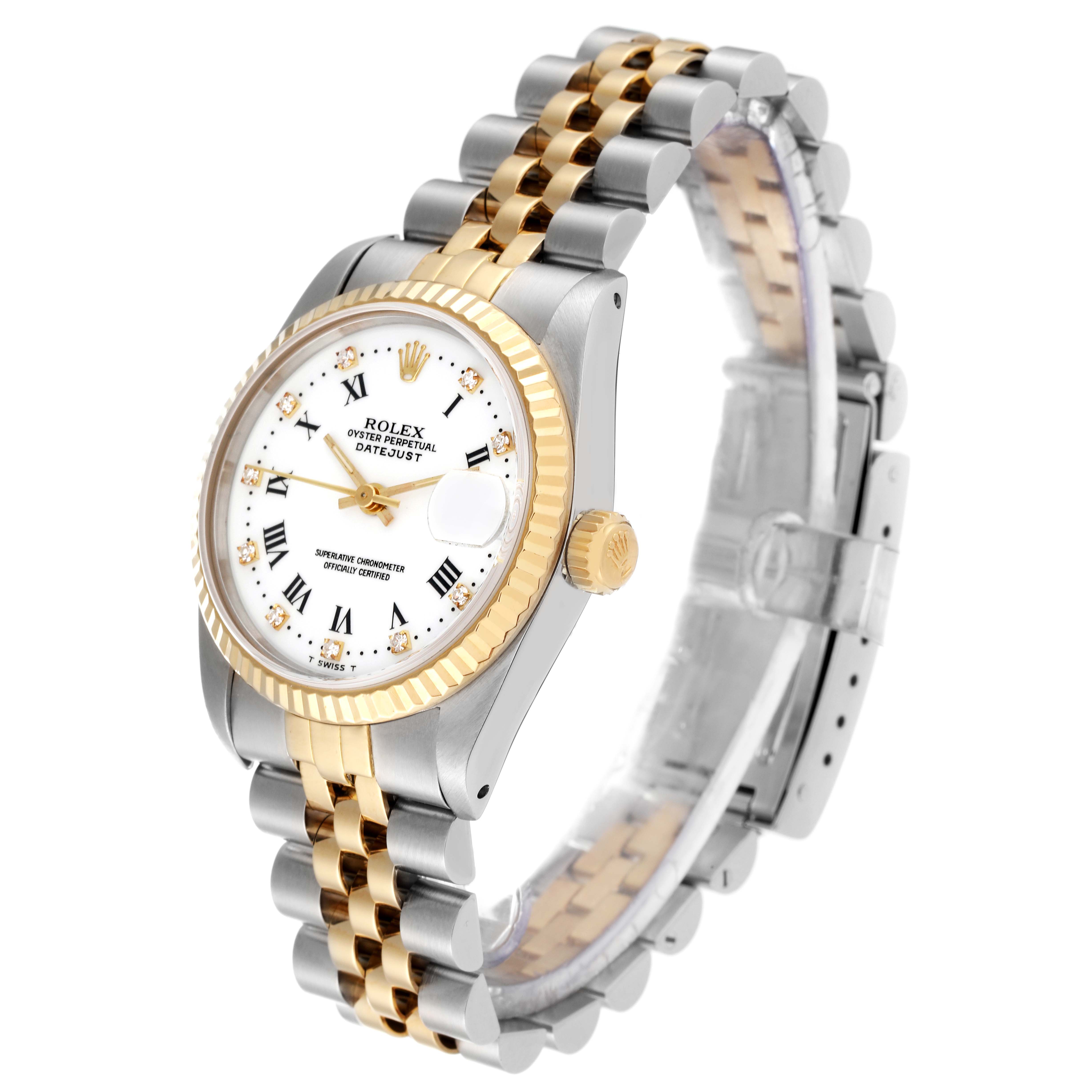 The Rolex Mid-Size 68273 Women
s Steel and Gold (two tone) White Dial 68273 Women
s Steel and Gold (two tone) White Dial Datejust watch is shown at a slight angle, highlighting the face, crown, and two-tone bracelet.