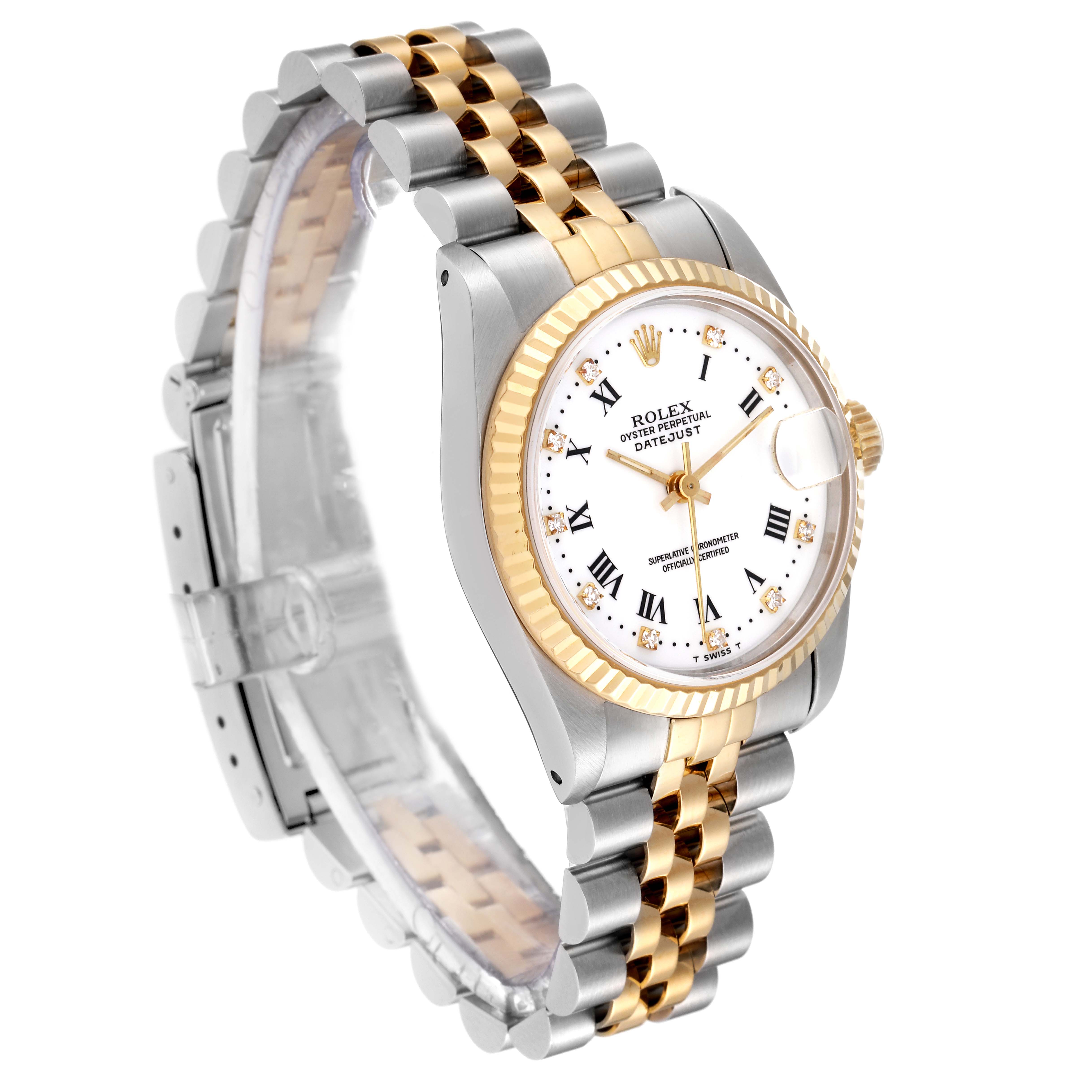 The image shows a Rolex Mid-Size 68273 Women
s Steel and Gold (two tone) White Dial 68273 Women
s Steel and Gold (two tone) White Dial Datejust watch from a three-quarter angle, highlighting the dial, bezel, and two-tone bracelet.
