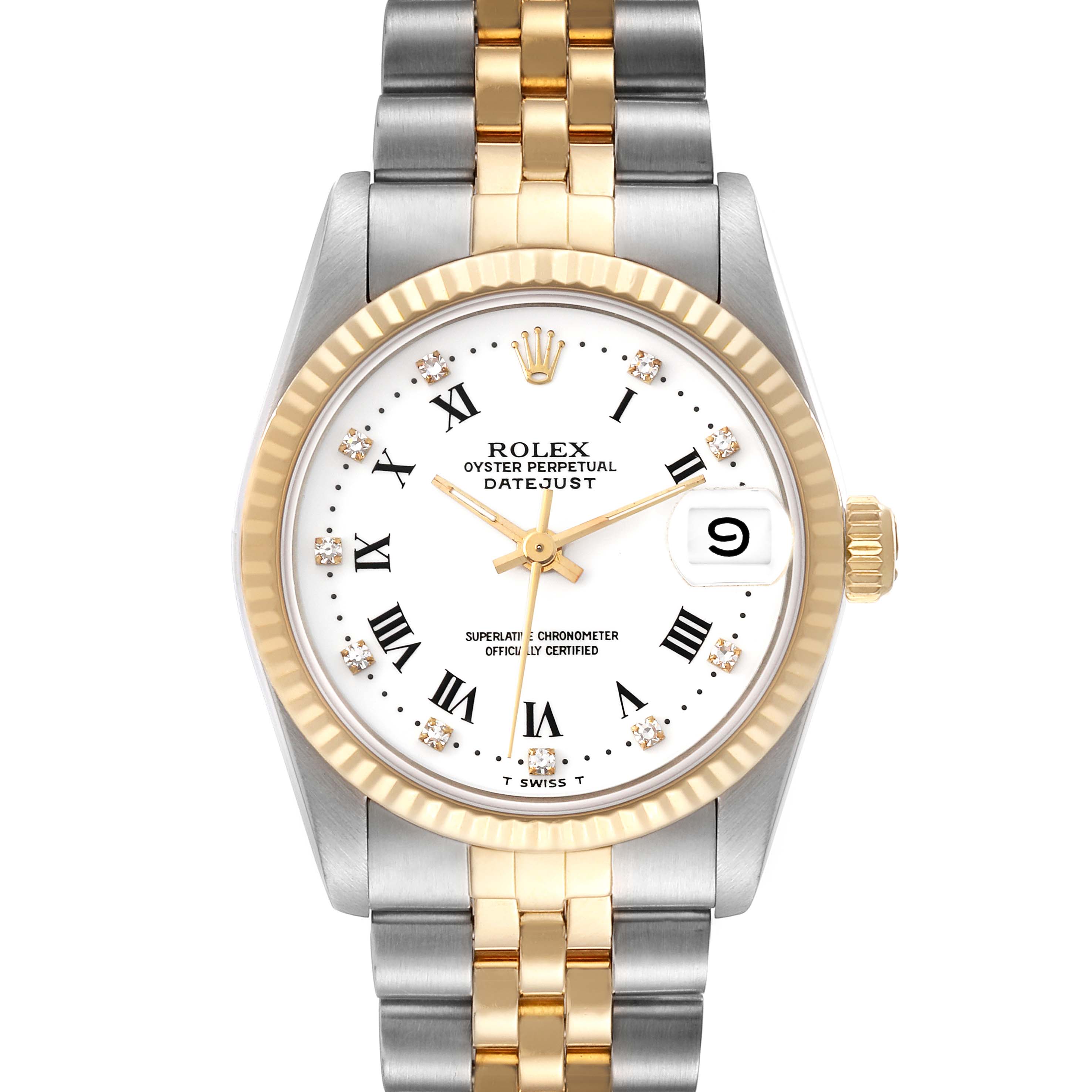 This image shows a front view of a Rolex Datejust Mid-Size watch, displaying its dial, case, and two-tone bracelet.