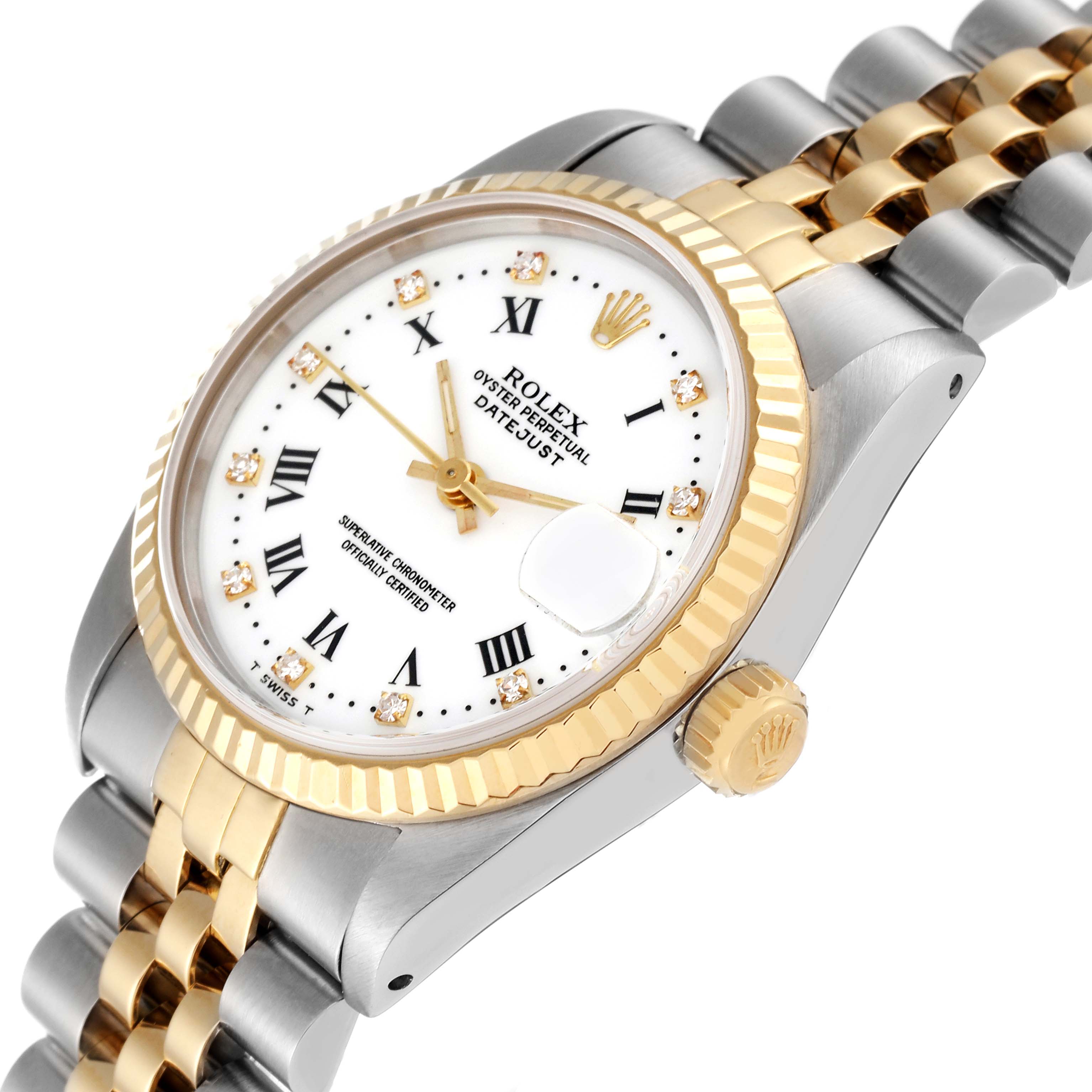 The image shows a close-up, angled view of a Rolex Datejust Mid-Size watch, highlighting the dial, bezel, and bracelet.