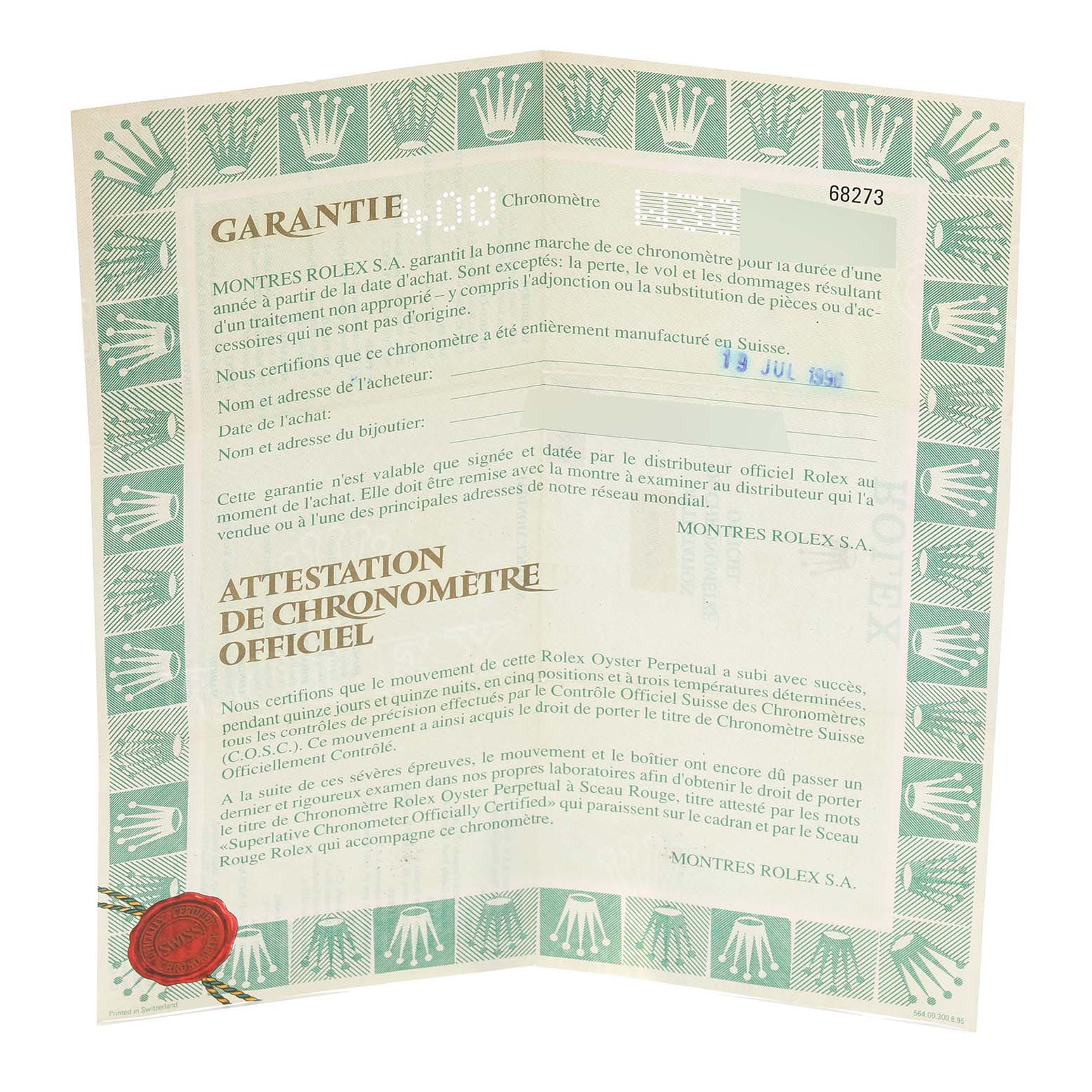 The image shows a warranty certificate for a Mid-Size model by Rolex, including text and branding details.
