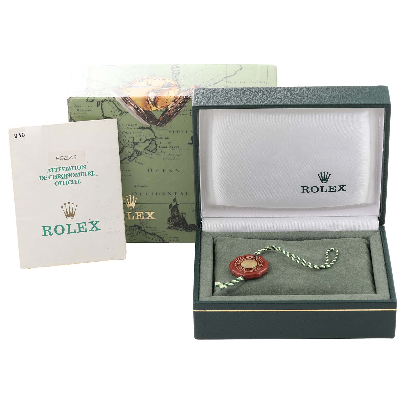 This image shows a Rolex Mid-Size 68273 Women
s Steel and Gold (two tone) White Dial 68273 Women
s Steel and Gold (two tone) White Dial model watch box, manual, and a certification tag.