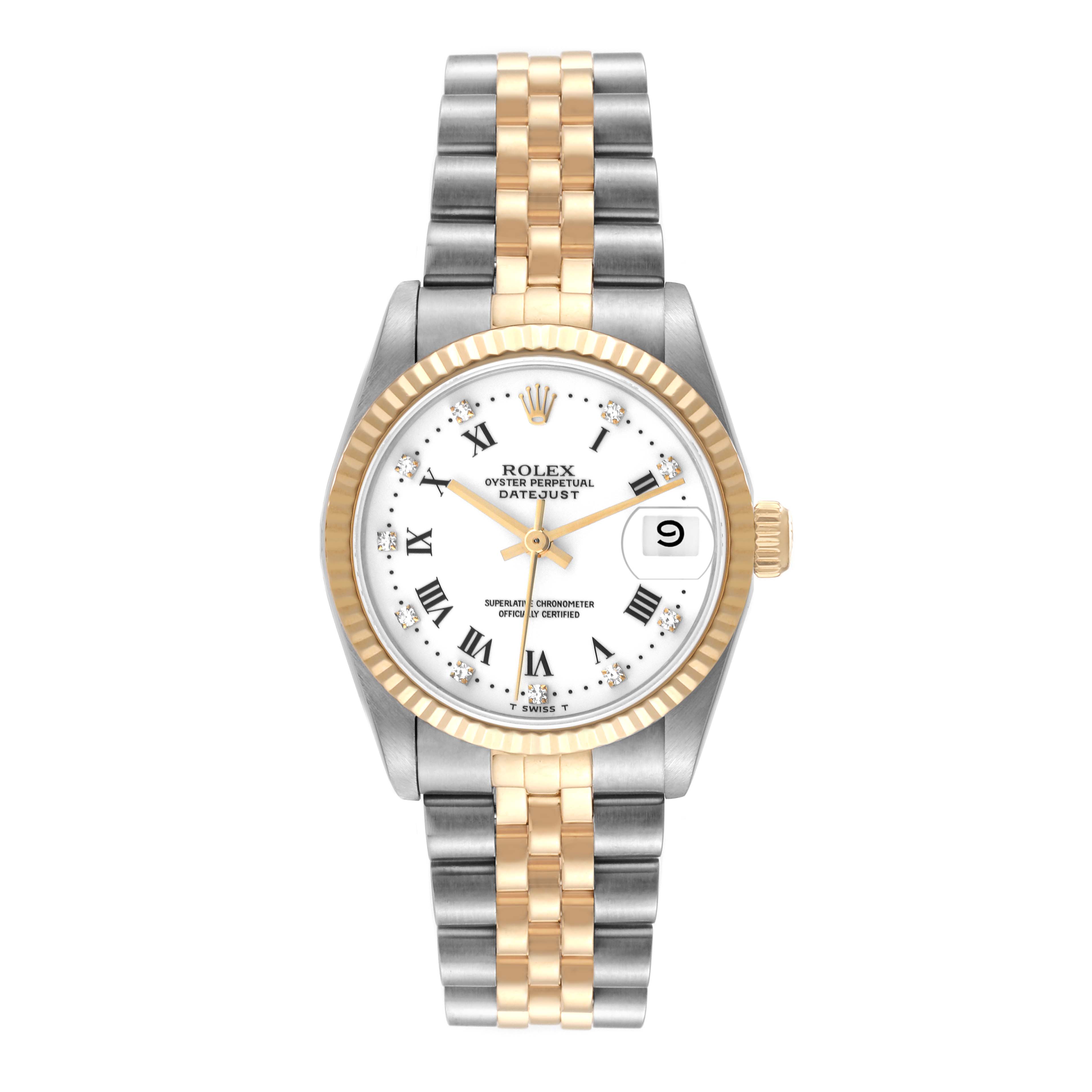 The image shows a frontal view of a mid-size Rolex Oyster Perpetual Datejust watch, highlighting its dial, fluted bezel, and two-tone bracelet.