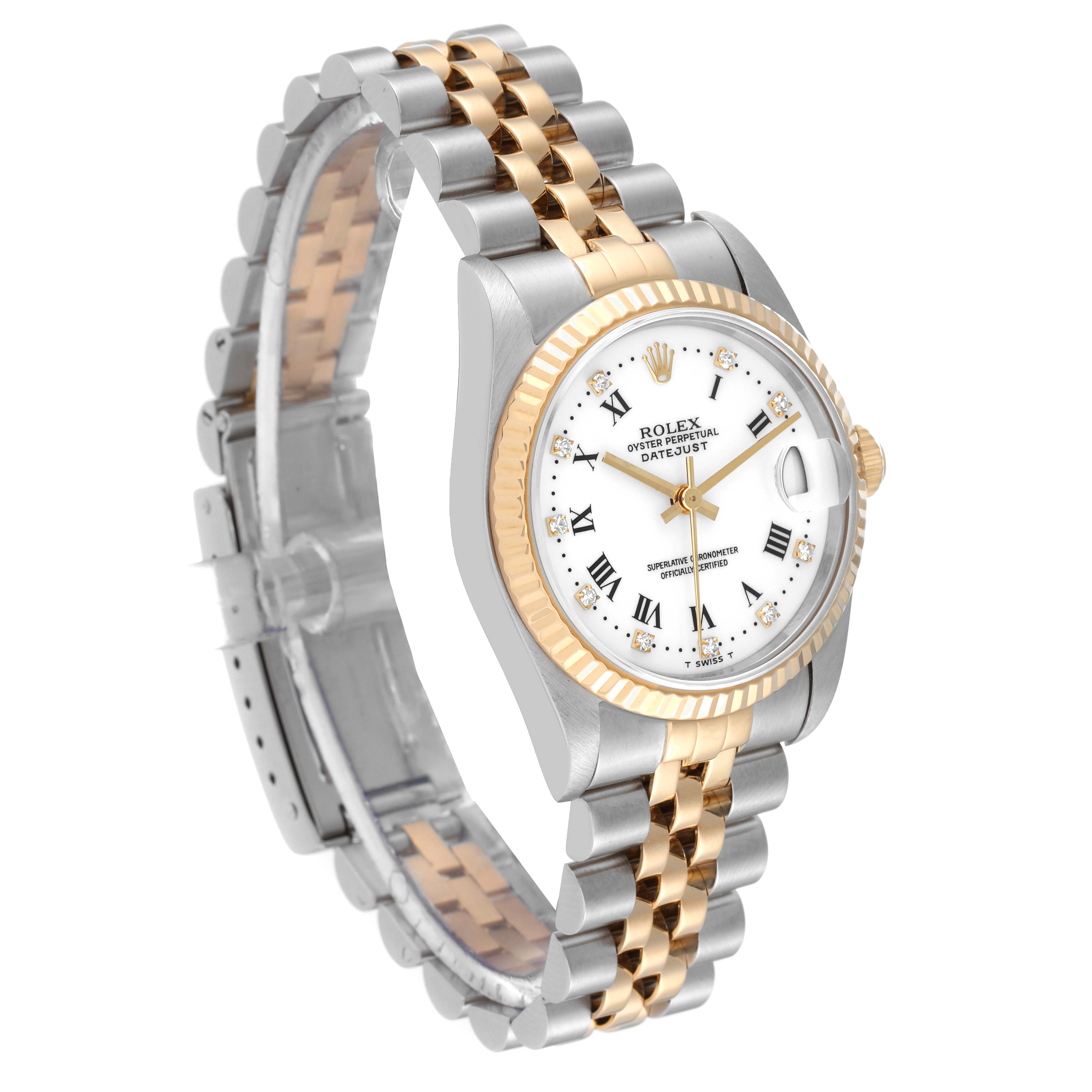 This image shows a side perspective of the Rolex Mid-Size 68273 Women
s Steel and Gold (two tone) White Dial 68273 Women
s Steel and Gold (two tone) White Dial Datejust, highlighting its two-tone bracelet and fluted bezel.