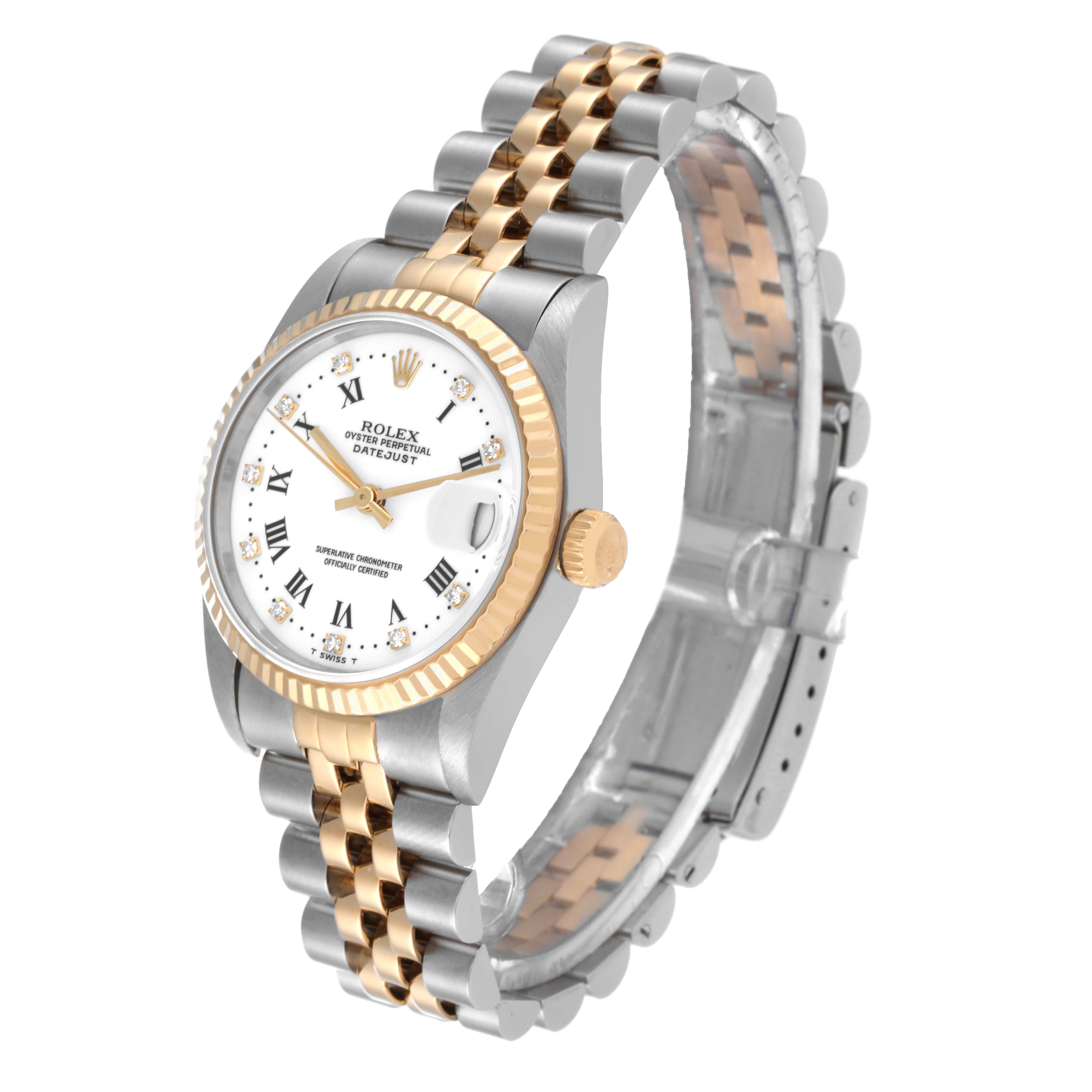 The Rolex Mid-Size 68273 Women
s Steel and Gold (two tone) White Dial 68273 Women
s Steel and Gold (two tone) White Dial Datejust watch is shown at a three-quarter angle, highlighting its two-tone bracelet and detailed dial.
