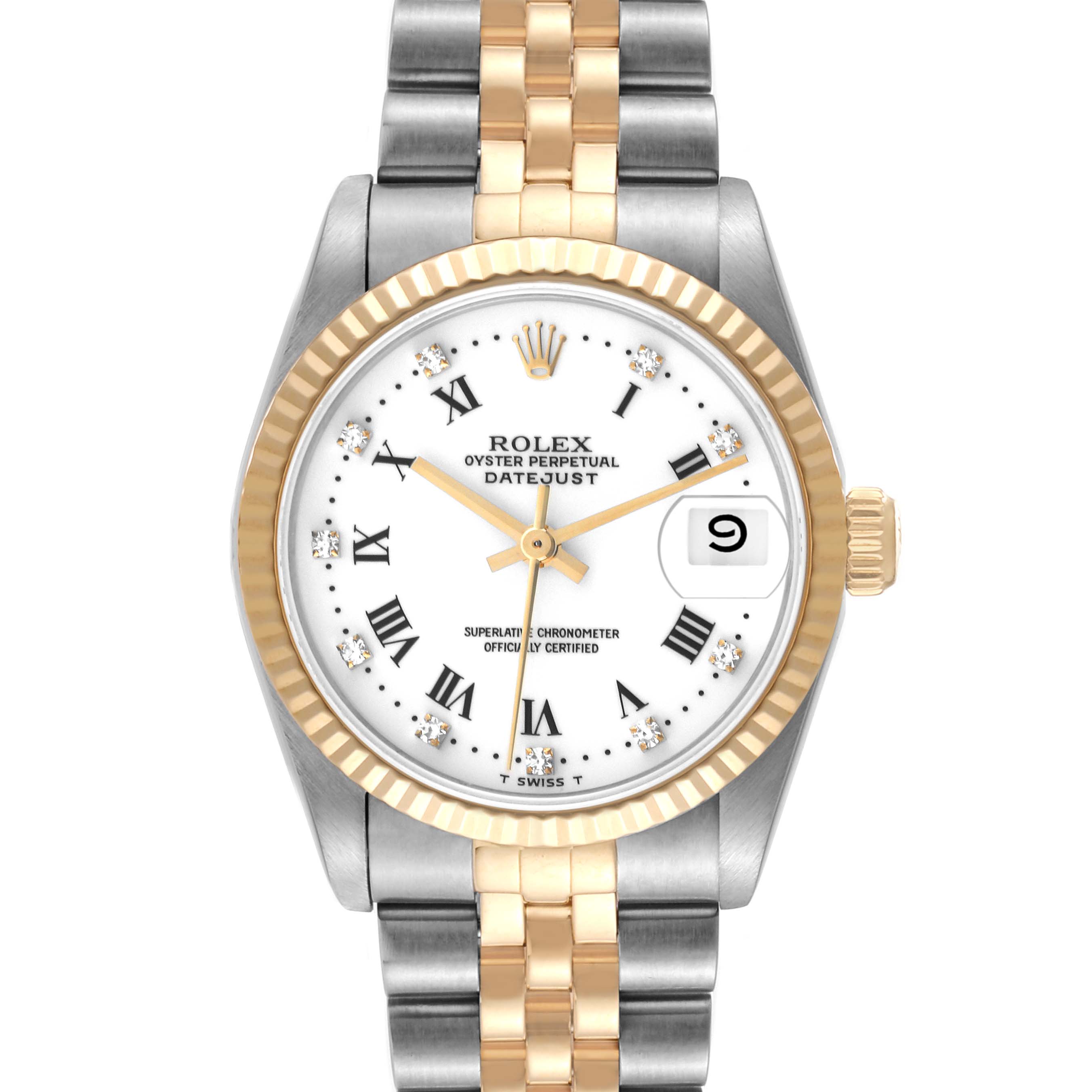 This Rolex Mid-Size 68273 Women
s Steel and Gold (two tone) White Dial 68273 Women
s Steel and Gold (two tone) White Dial Datejust watch is shown from the front, displaying the dial, bezel, and part of the bracelet.