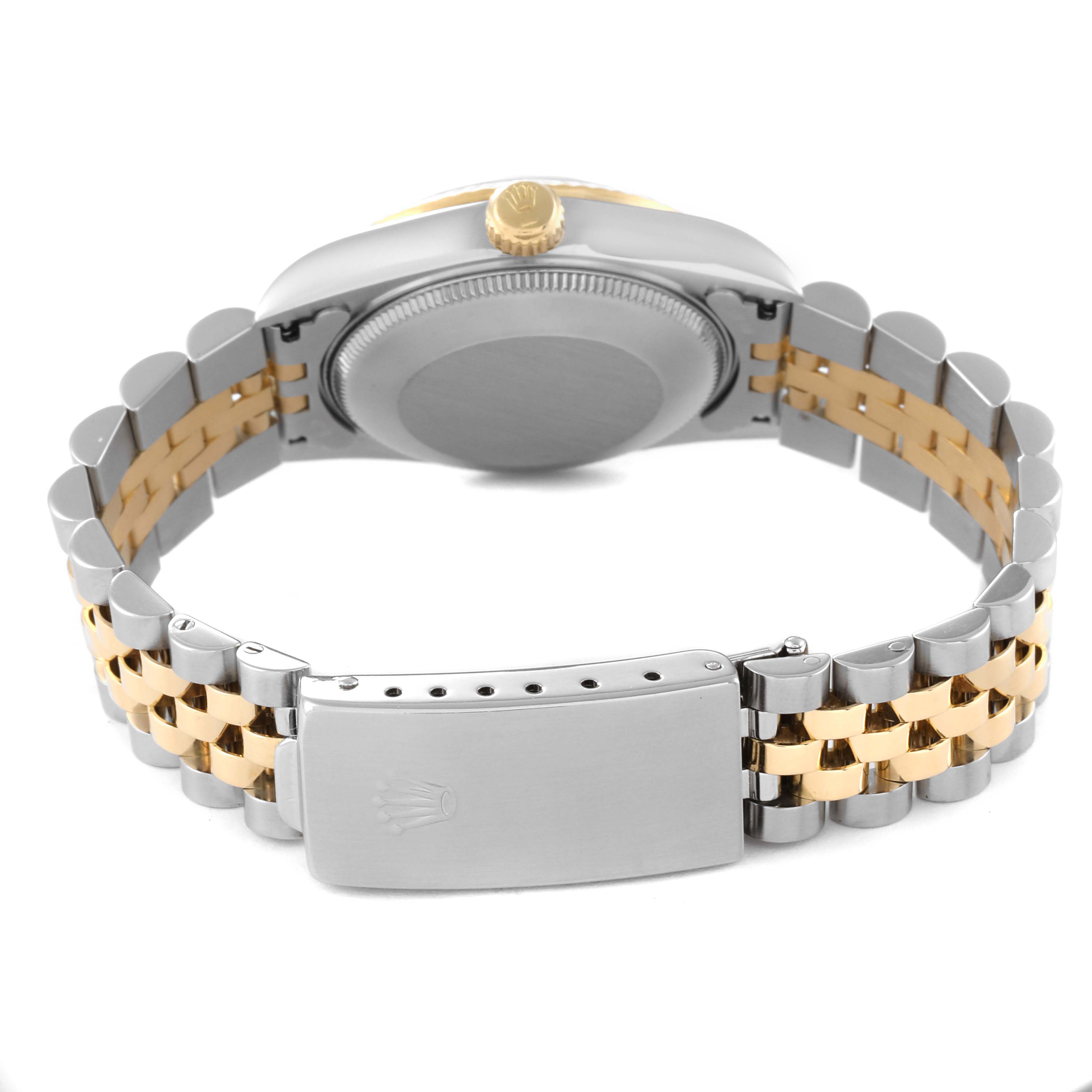 The image shows the back view of a Mid-Size Rolex watch, highlighting the case back, crown, and two-tone bracelet with a clasp.