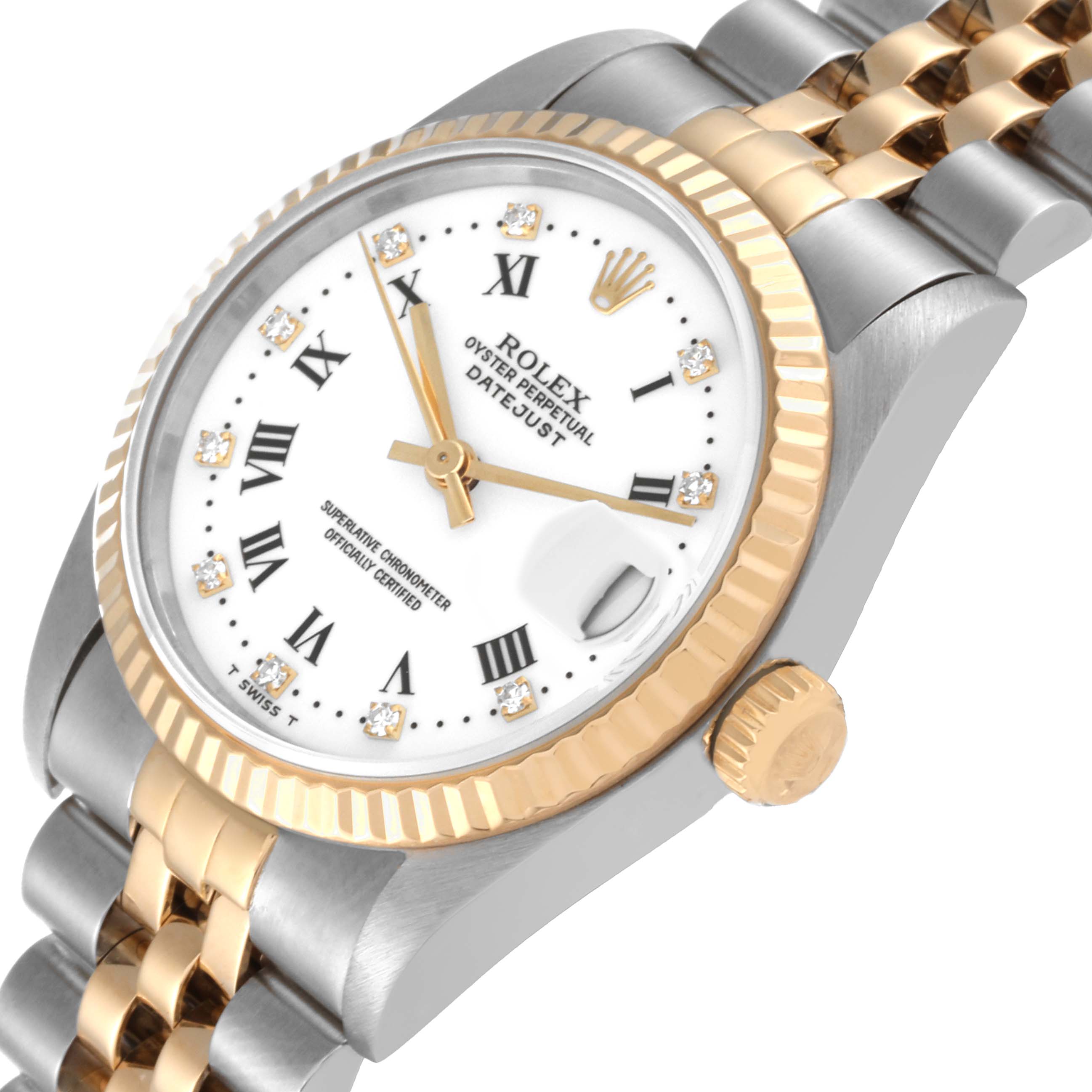 The image shows a close-up angle of the Rolex Mid-Size 68273 Women
s Steel and Gold (two tone) White Dial 68273 Women
s Steel and Gold (two tone) White Dial Oyster Perpetual Datejust, displaying the dial, crown, and bracelet.
