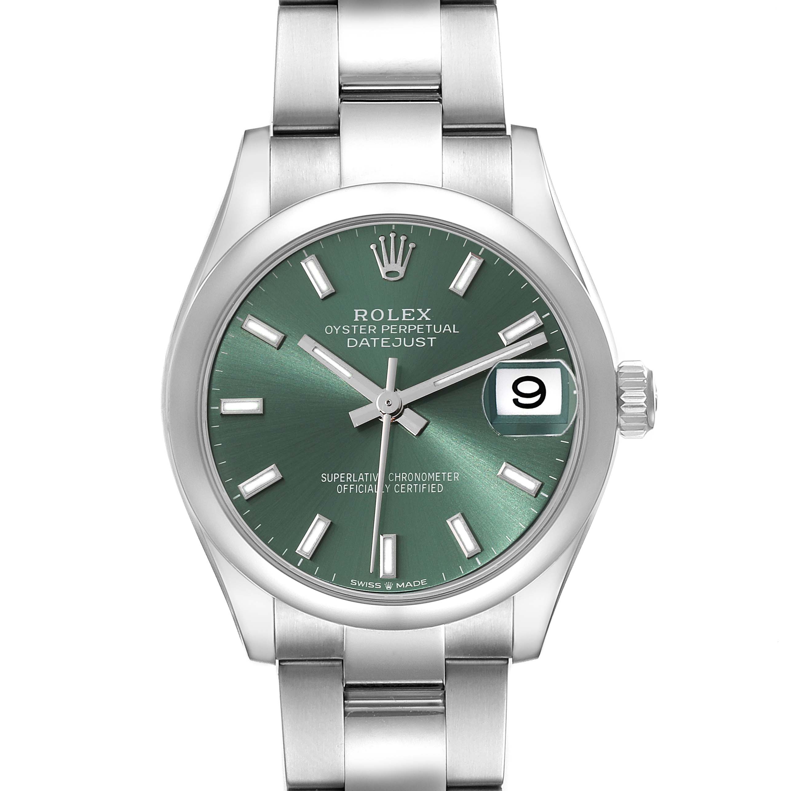 This image shows a front view of a Rolex Oyster Perpetual Datejust Mid-Size watch, highlighting the dial, hands, bracelet, and date window.