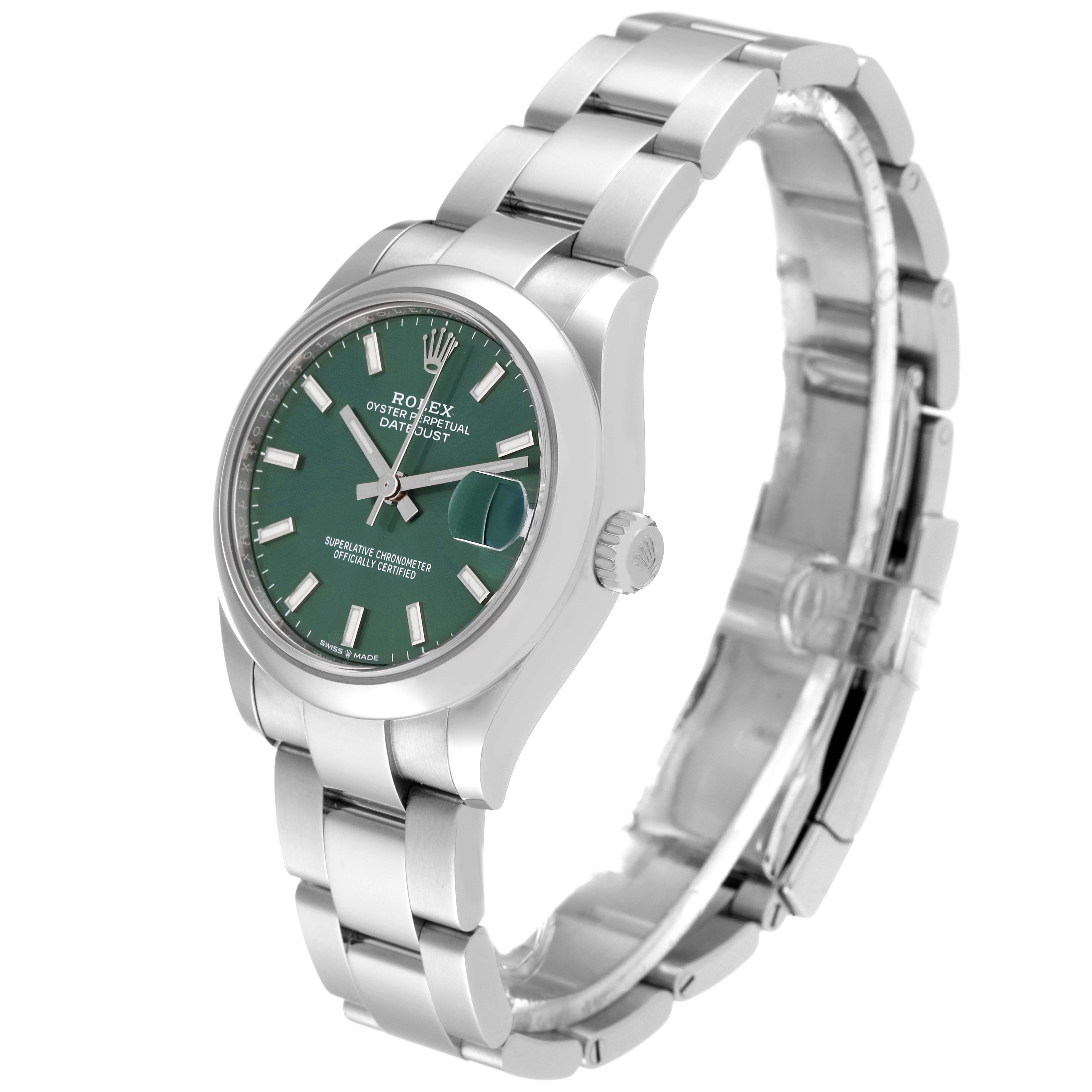 The Rolex Mid-Size 278240 Women's Stainless Steel Green Dial 278240 Women's Stainless Steel Green Dial model watch is shown at a three-quarter angle, highlighting the green dial, silver case, bracelet, and crown.