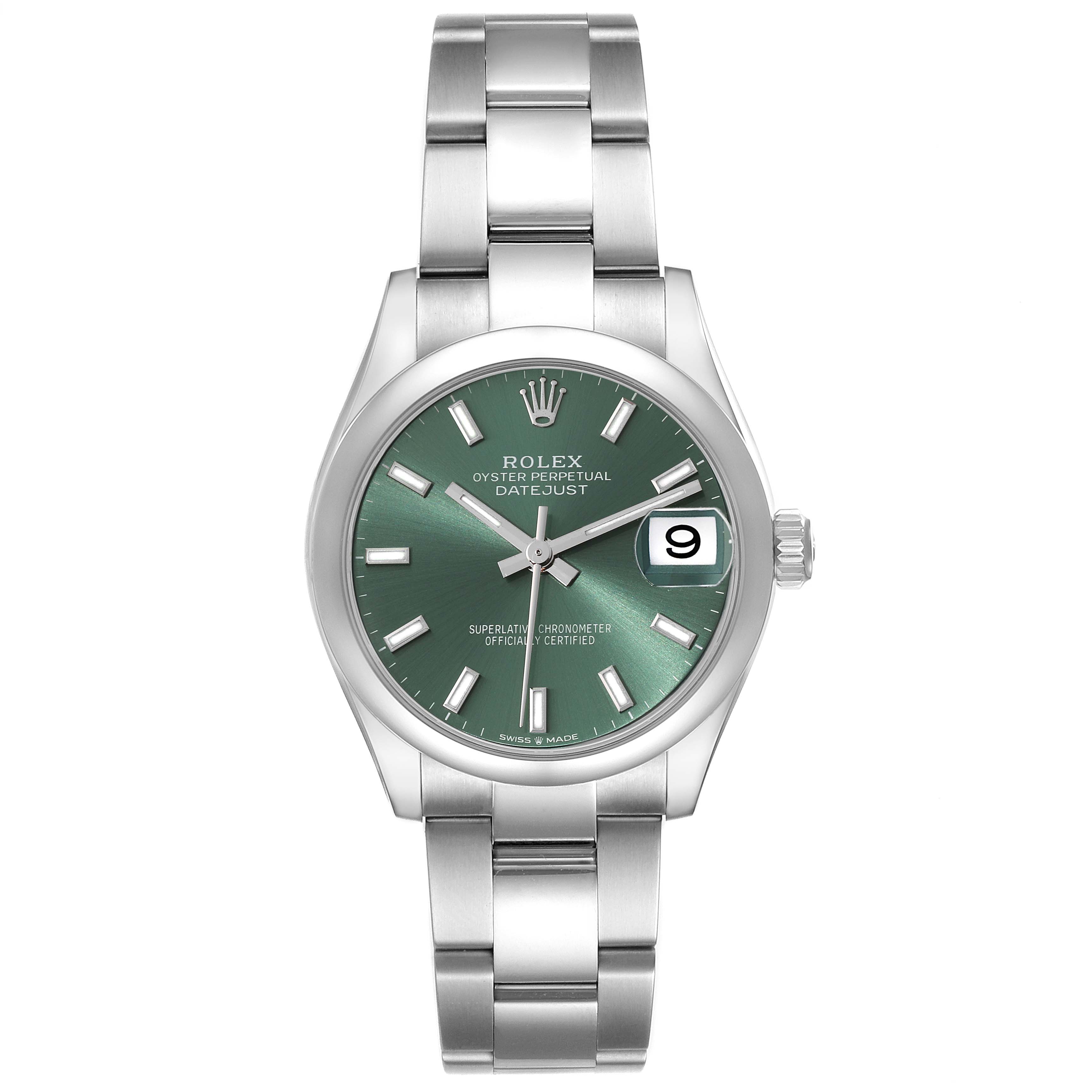 This image shows a frontal view of a Rolex Mid-Size 278240 Women's Stainless Steel Green Dial 278240 Women's Stainless Steel Green Dial Oyster Perpetual Datejust watch, highlighting its green dial and stainless steel bracelet.